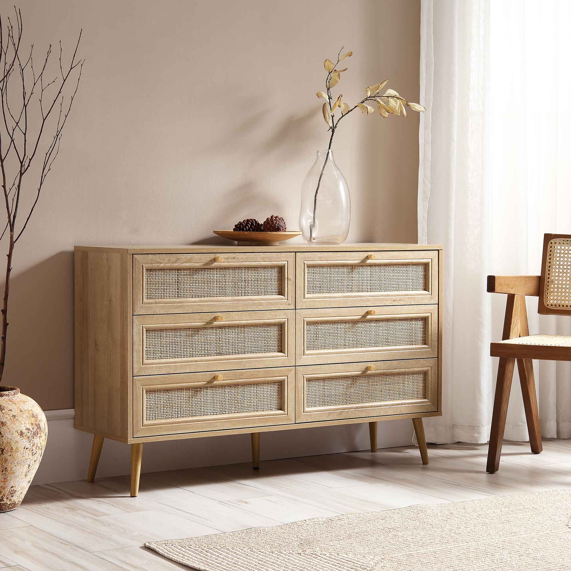 Frances Woven Rattan 6 Drawer Dresser, Natural