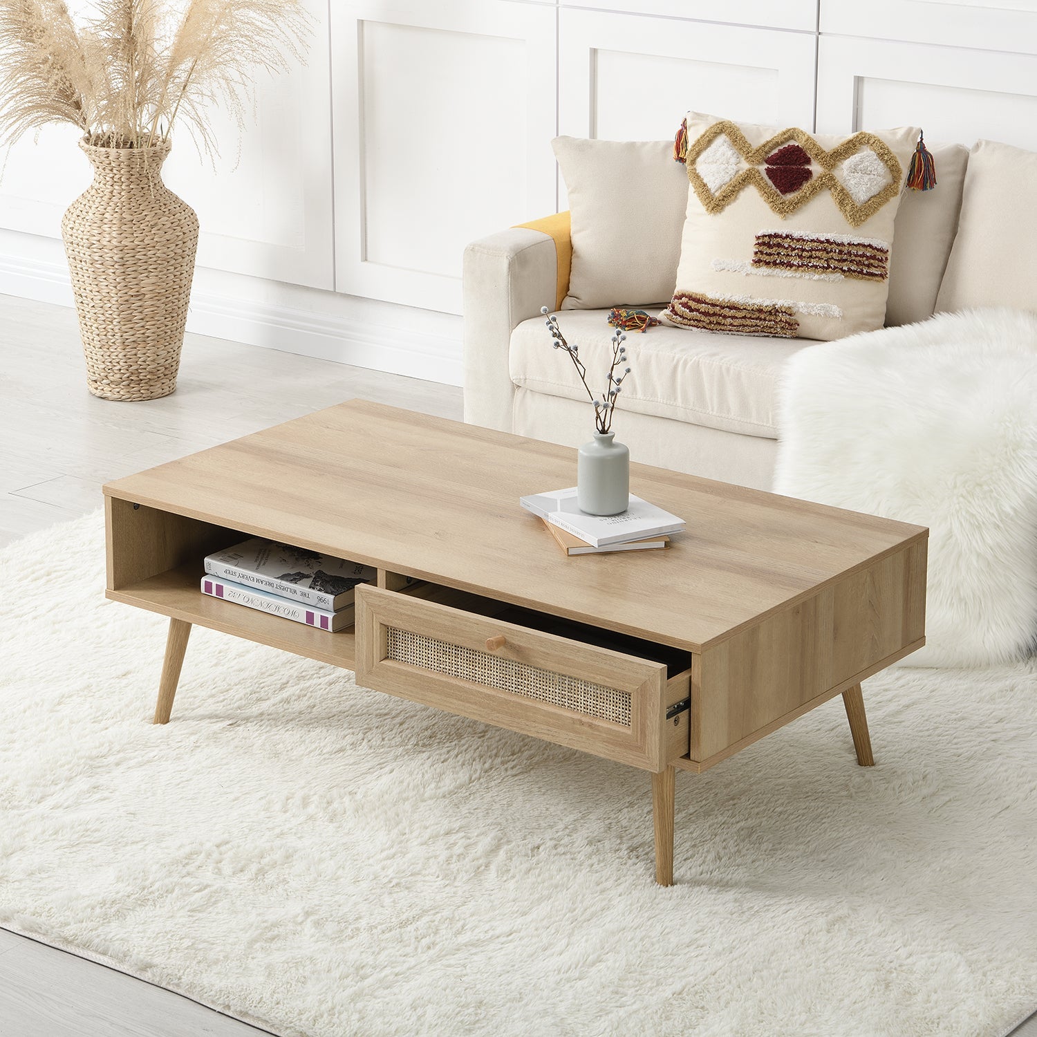 Frances Woven Rattan Wooden Coffee Table in Natural