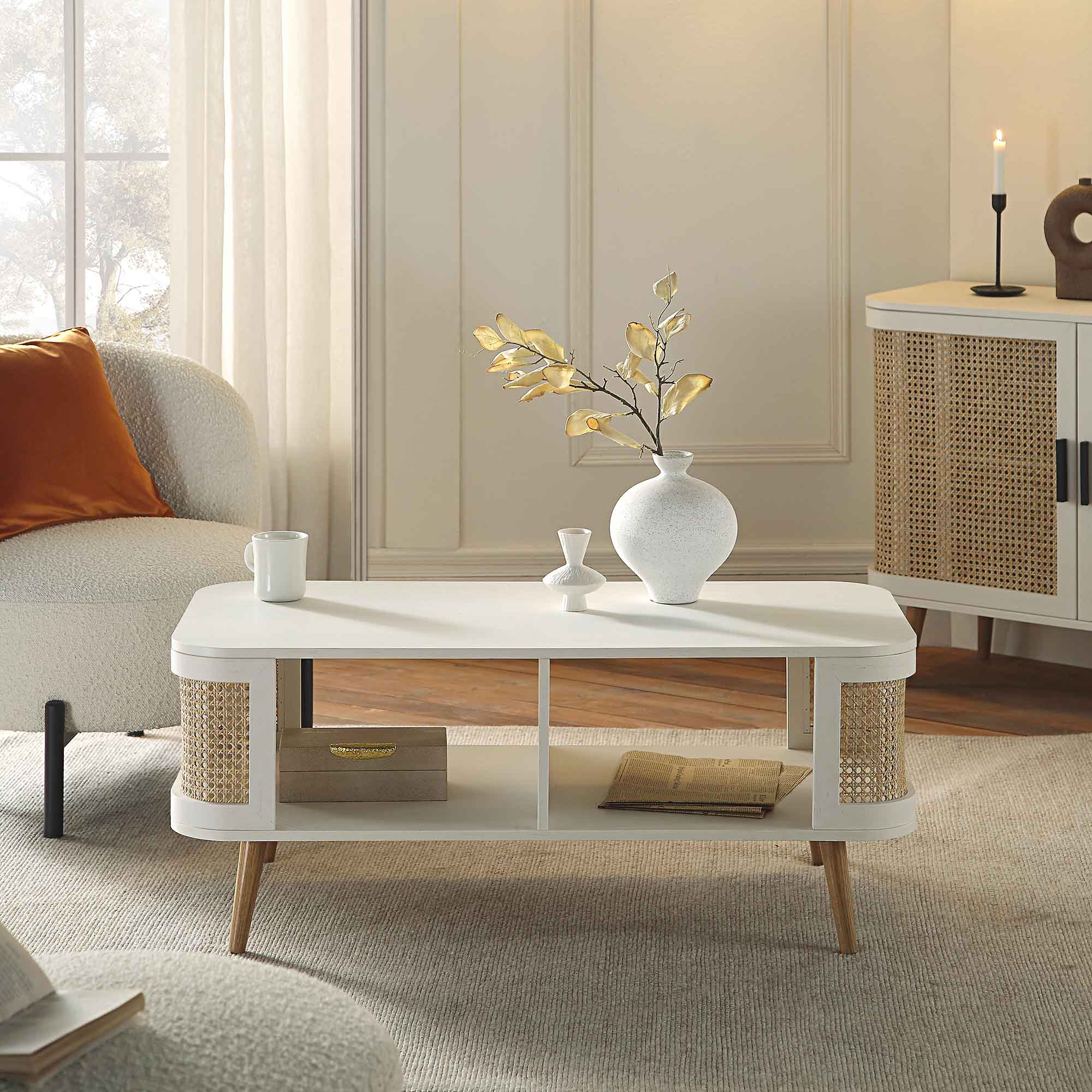 Izzy Curved Rattan Coffee Table, White