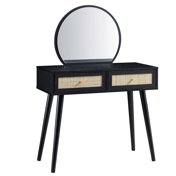 Frances Woven Rattan Vanity Table with Mirror, Black