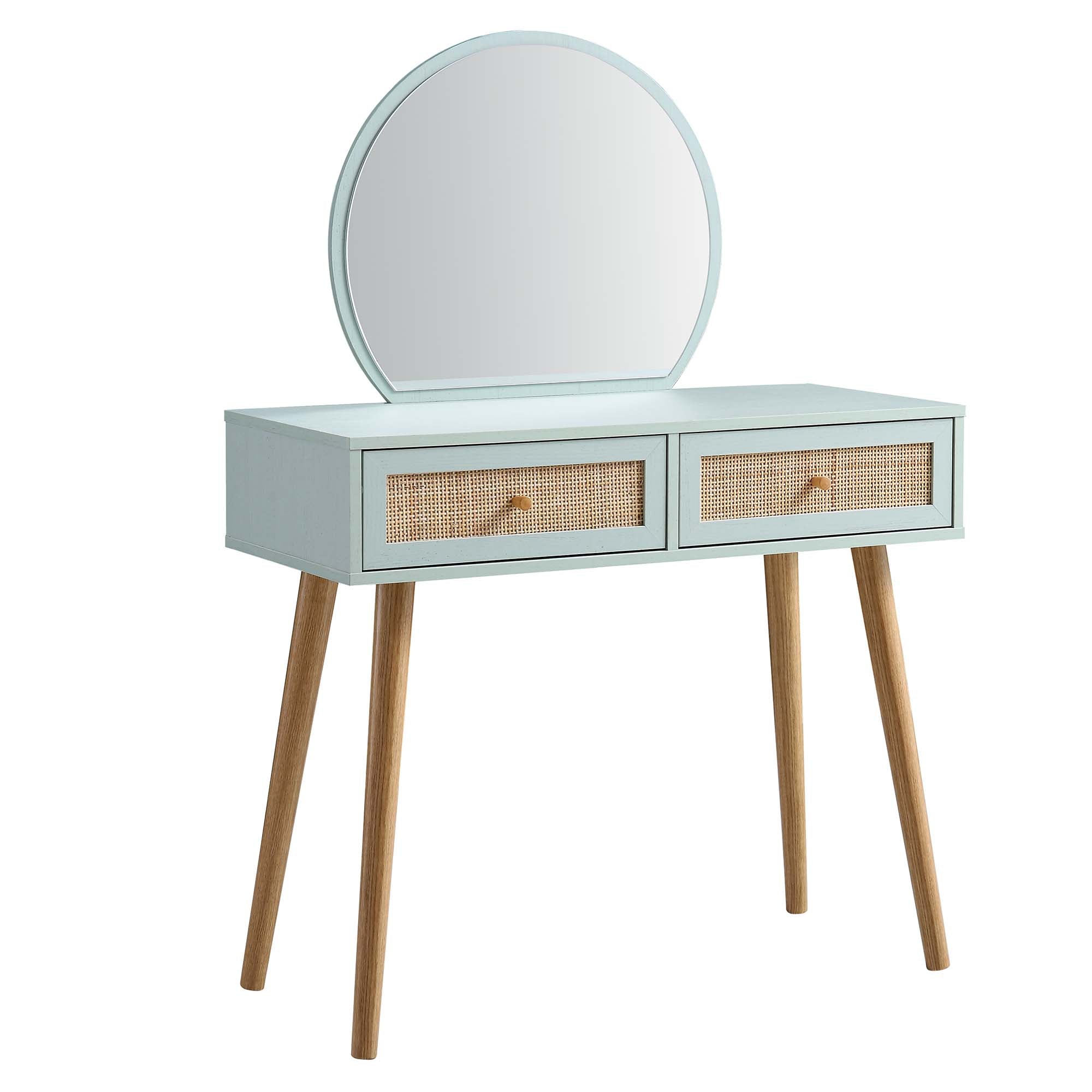 Frances Woven Rattan Vanity Table with Mirror, Mint