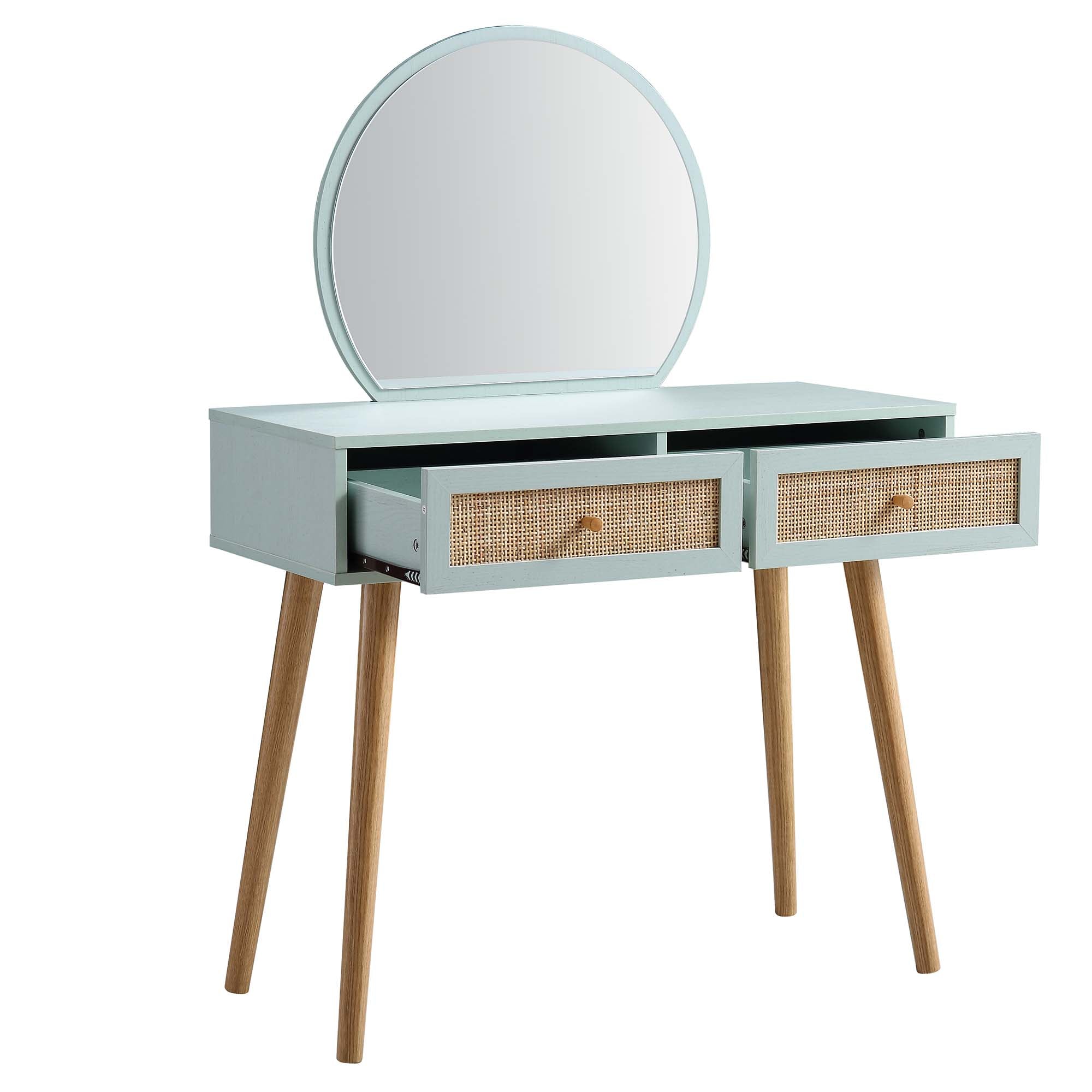 Frances Woven Rattan Vanity Table with Mirror, Mint