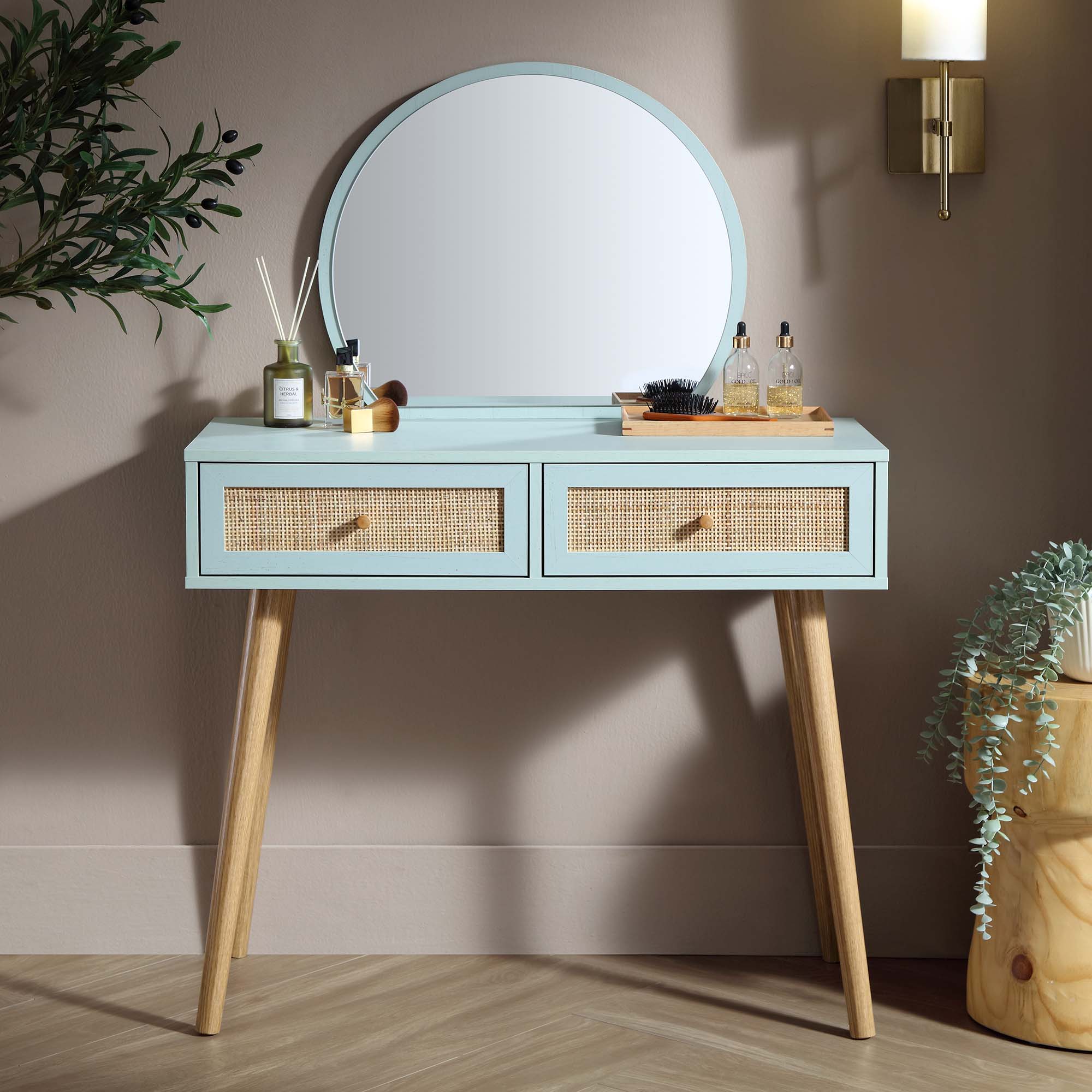 Frances Woven Rattan Vanity Table with Mirror, Mint