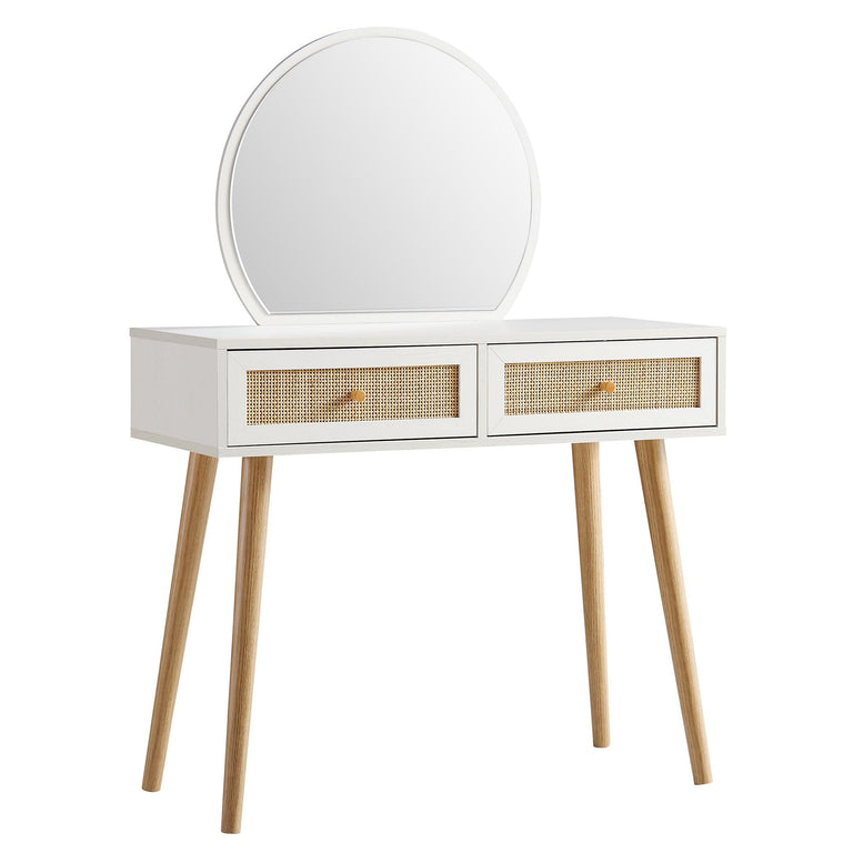 Frances Woven Rattan Vanity Table with Mirror, White | daals.com