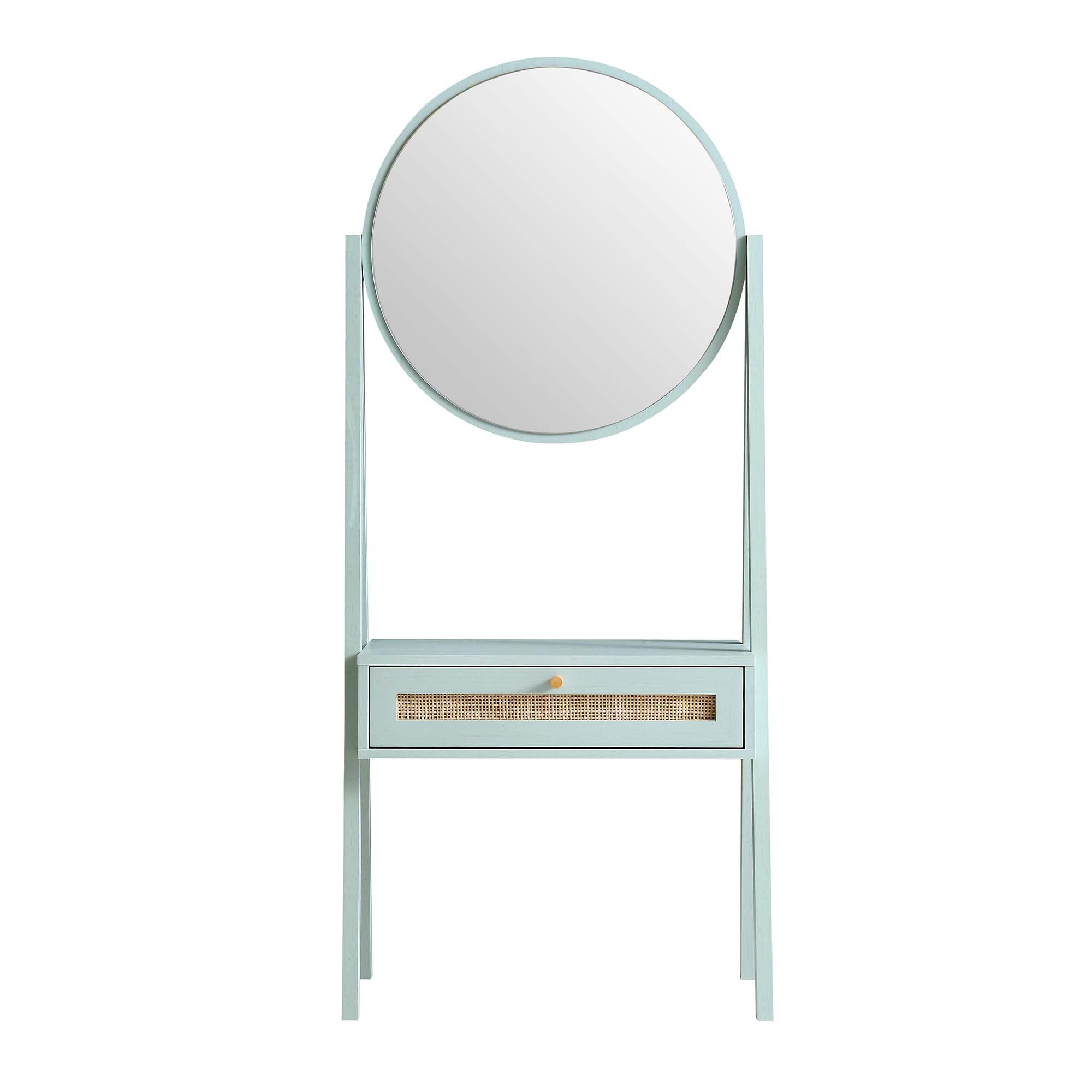 Frances Woven Rattan Standing Vanity Table with Mirror, Mint