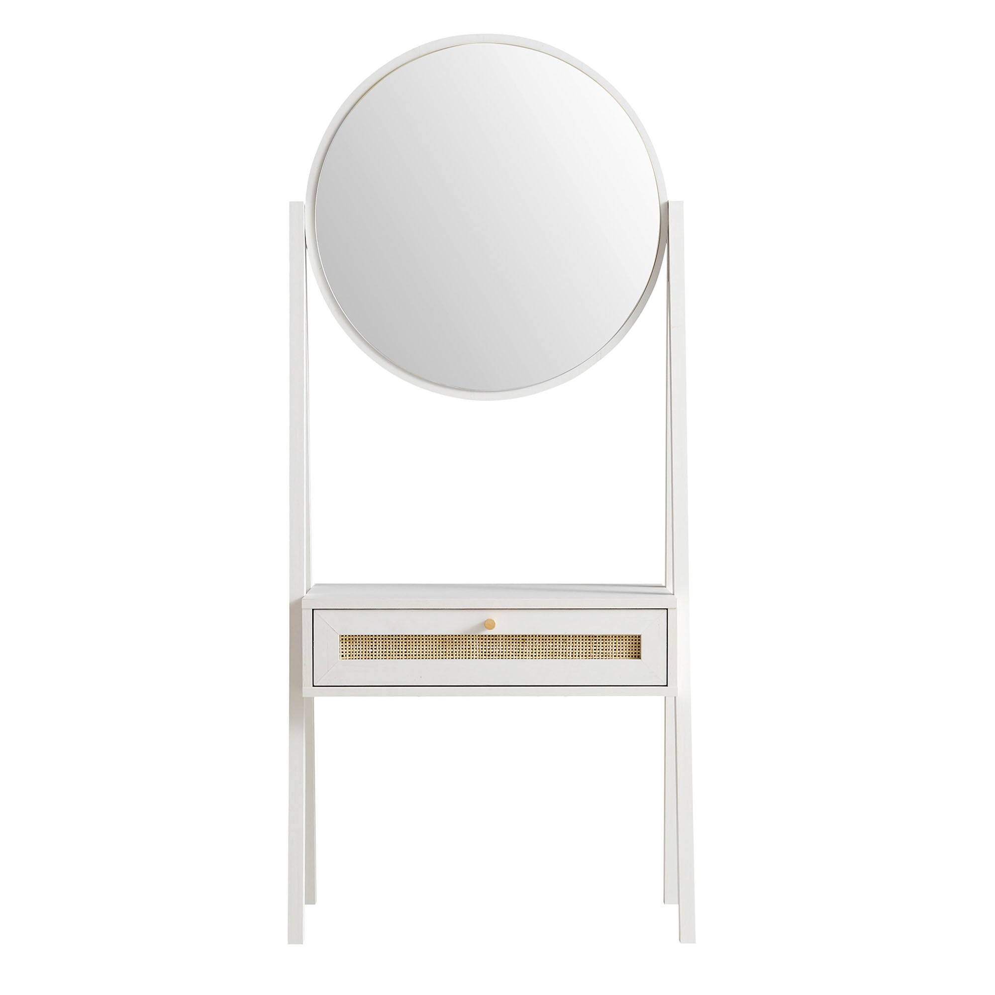 Frances Woven Rattan Standing Vanity Table with Mirror, White