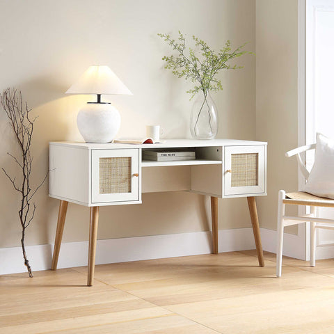 Frances Woven Rattan 2-Door Desk, White | daals.com