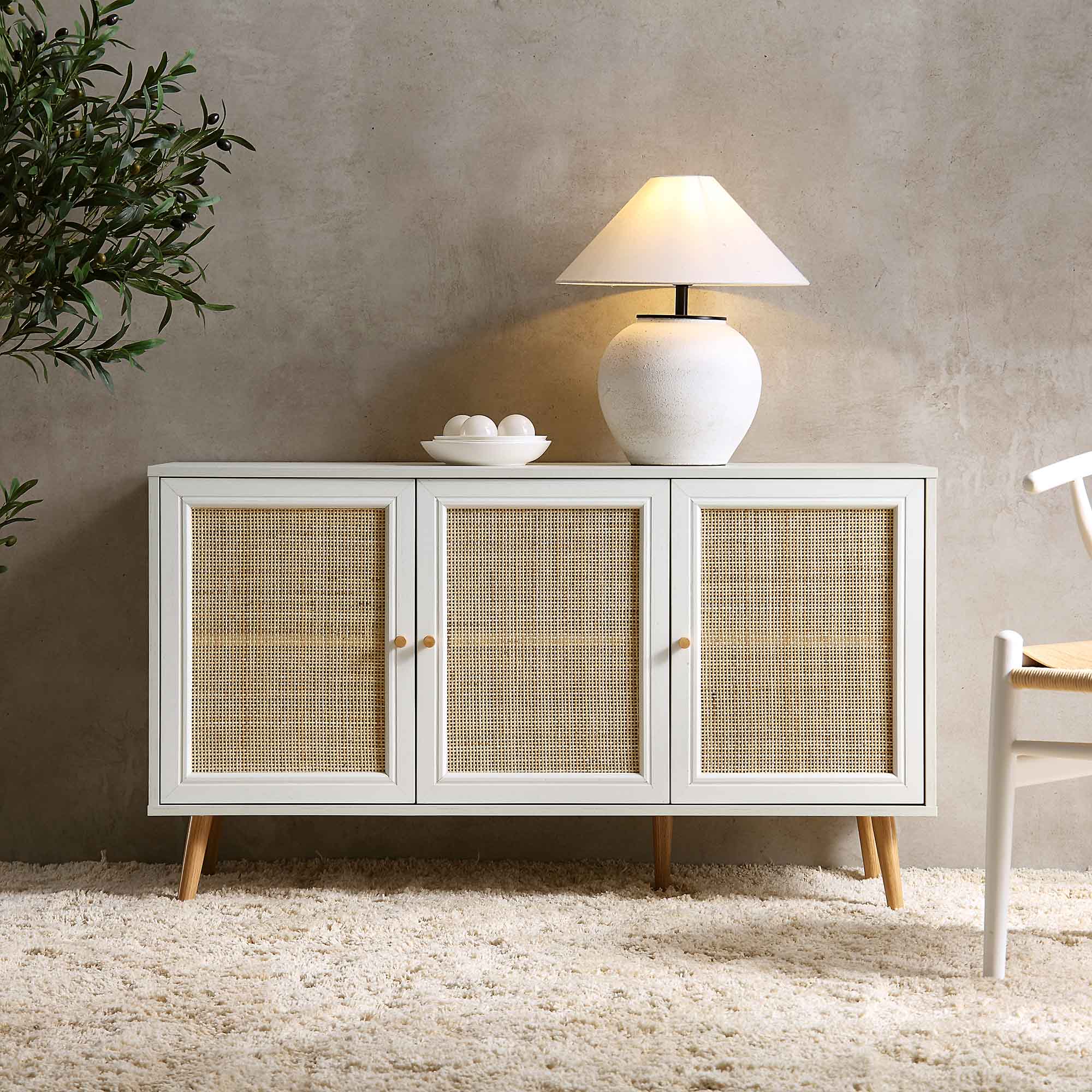 Frances Woven Rattan 3-Door Sideboard, White