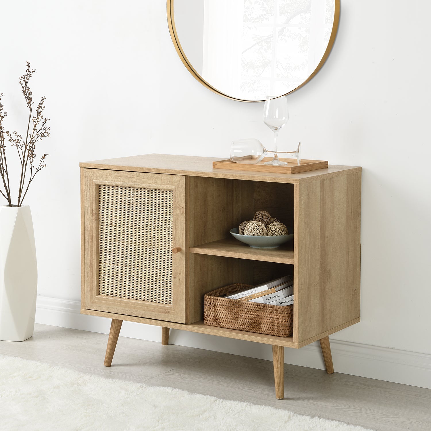 Frances Woven Rattan 1-Door Cabinet in Natural