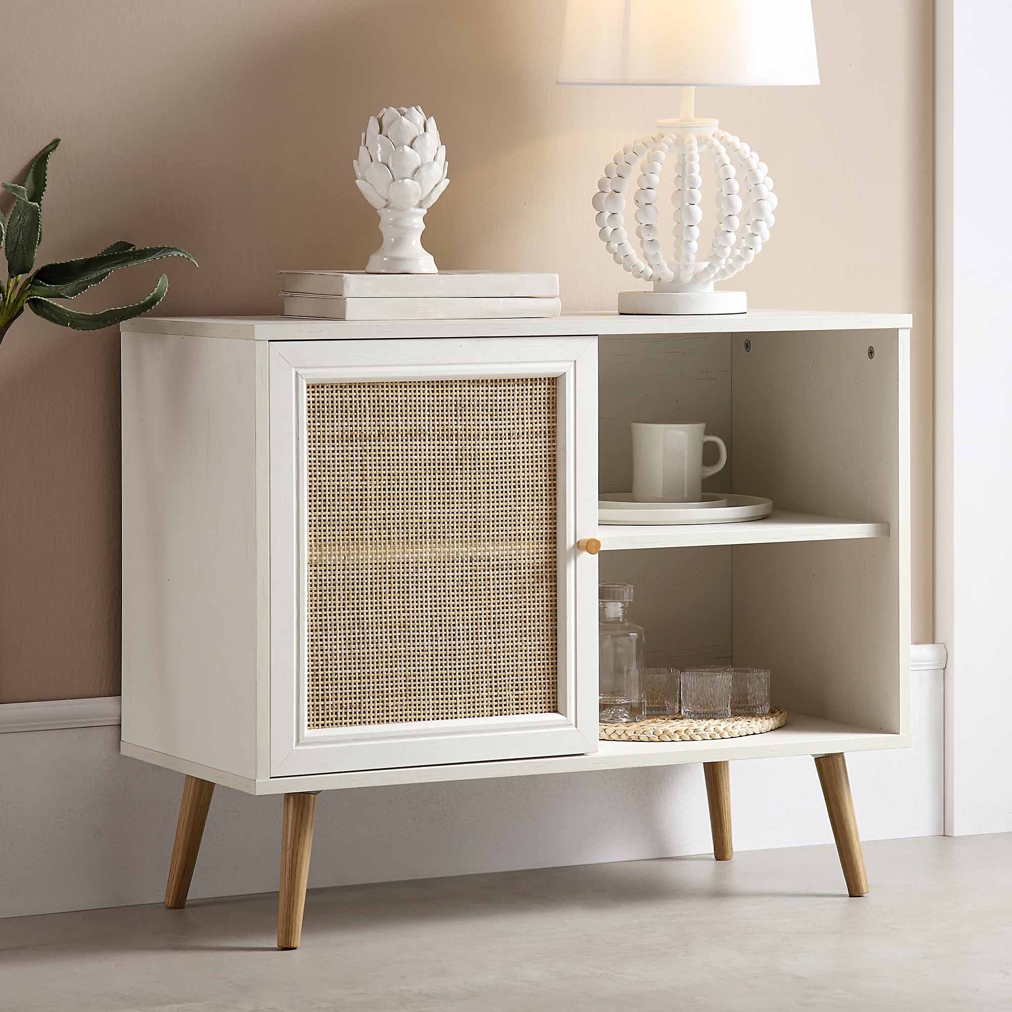 Frances Woven Rattan 1-Door Cabinet in White