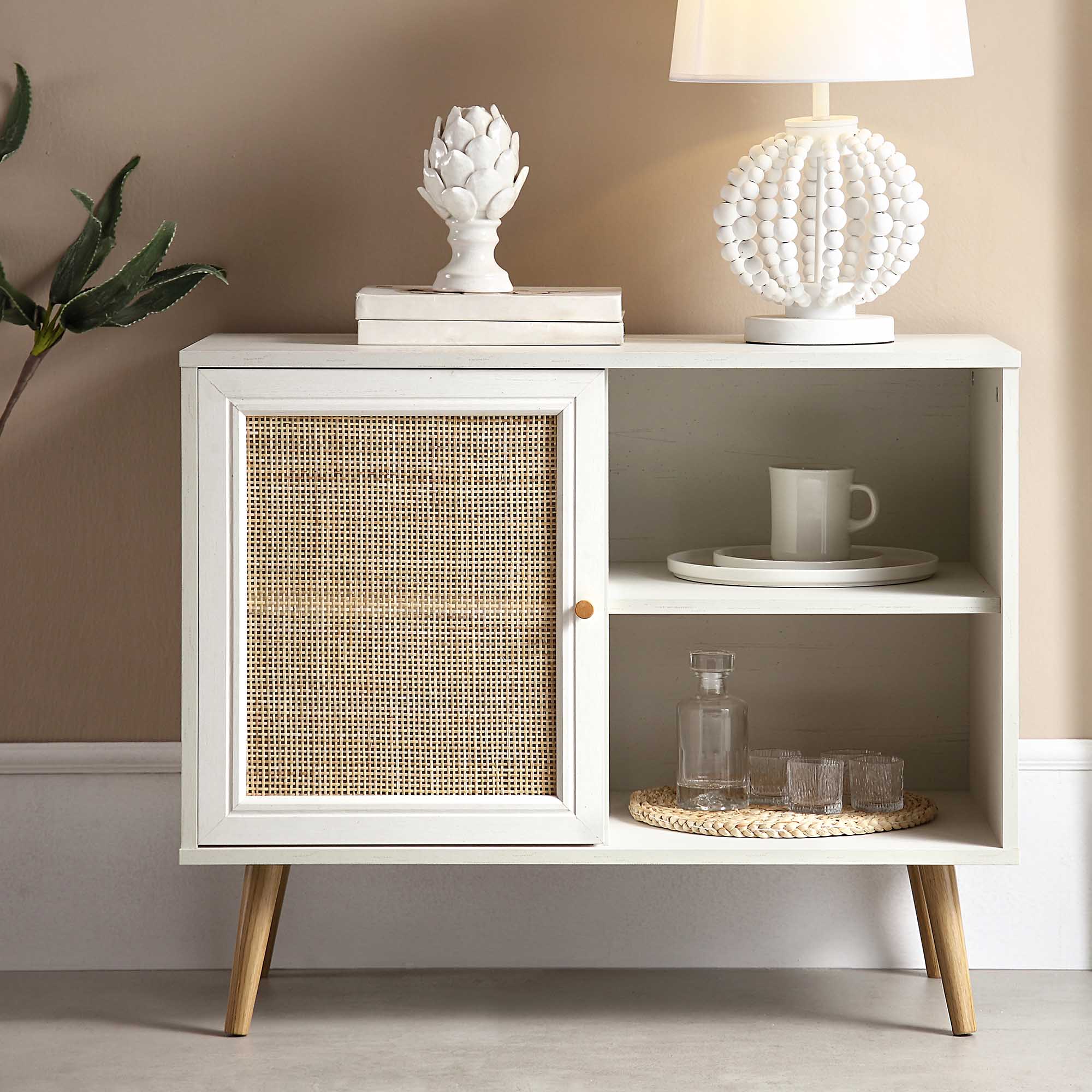 Frances Woven Rattan 1-Door Cabinet in White