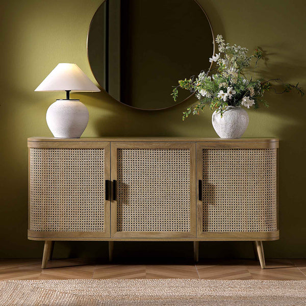 Izzy Curved Rattan Large 3-Door Sideboard, Natural