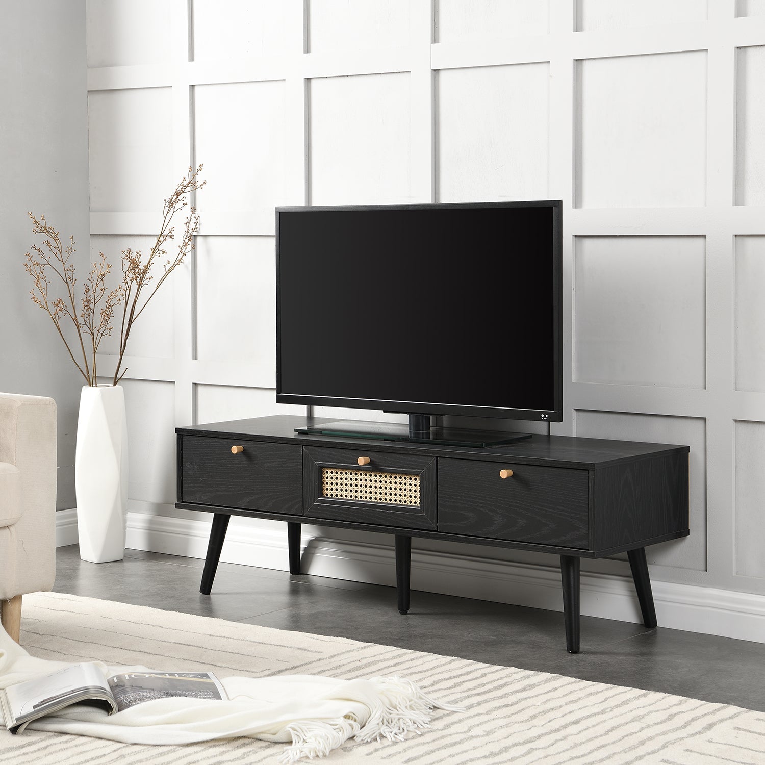 Anya Woven Rattan 3-Drawer TV Unit in Black