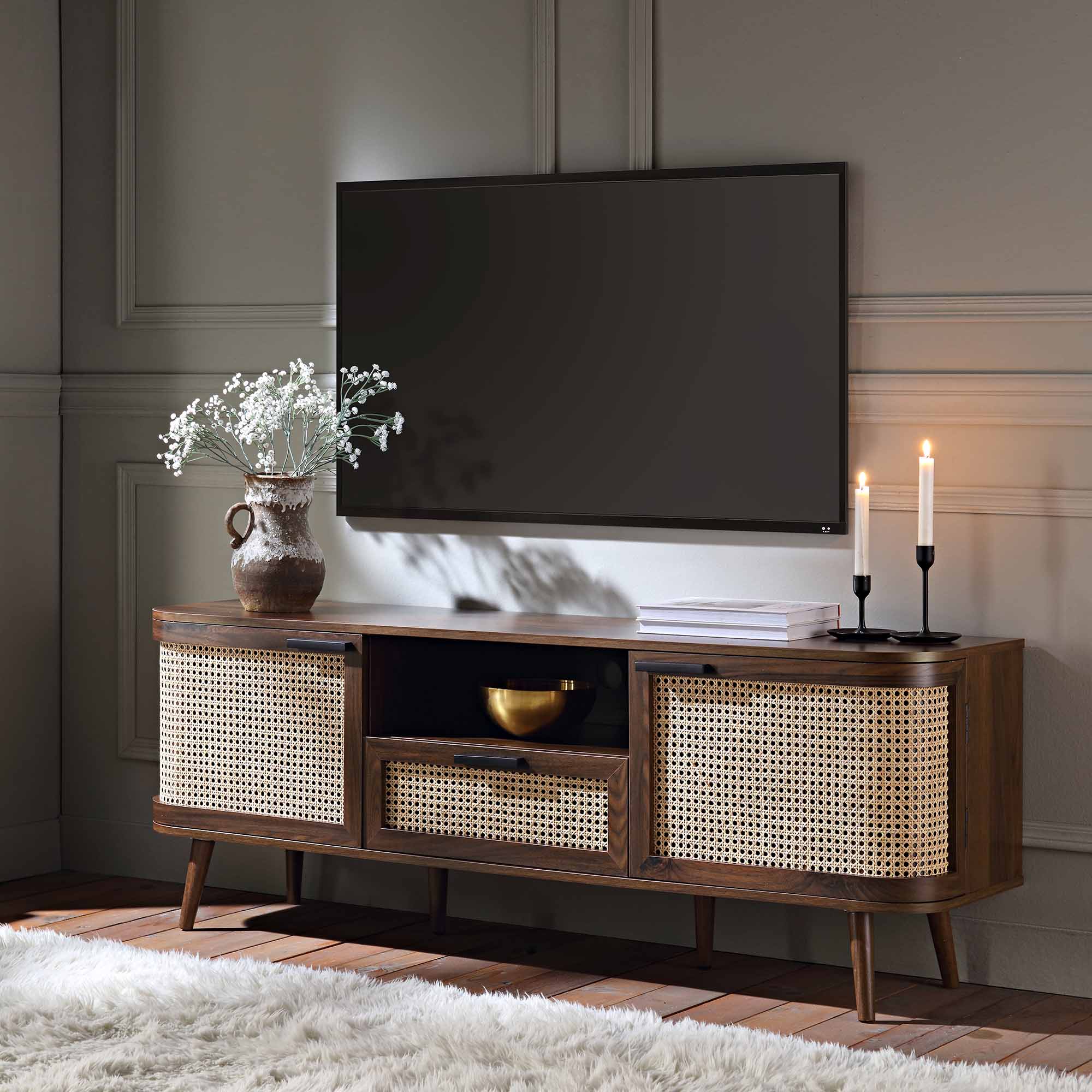 Izzy Curved Rattan 59" TV Unit, Walnut