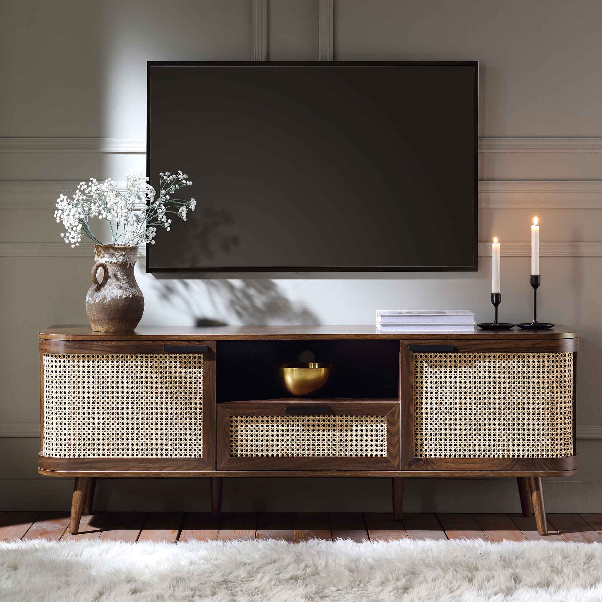 Izzy Curved Rattan 59" TV Unit, Walnut