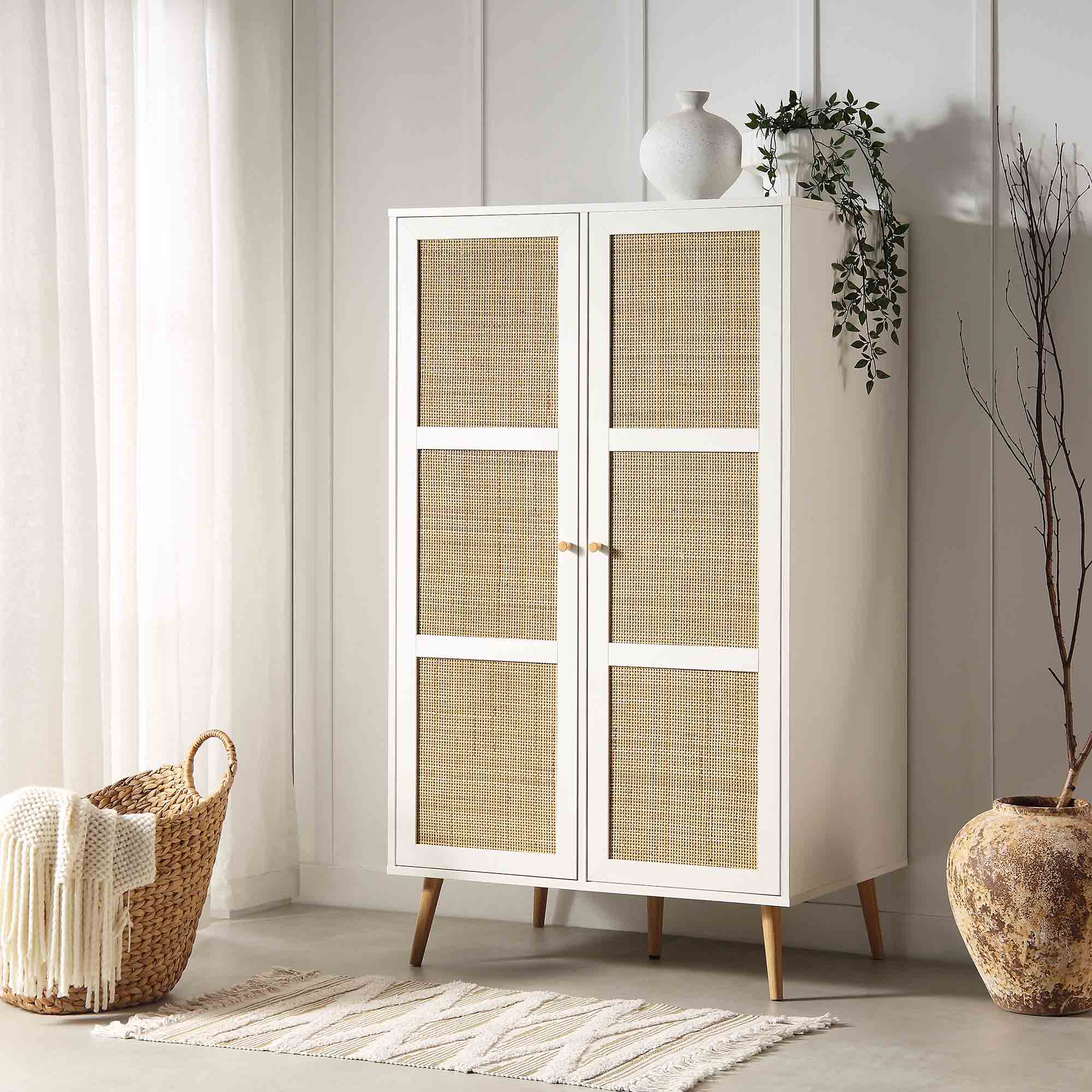 Frances Woven Rattan Compact Double Closet, White