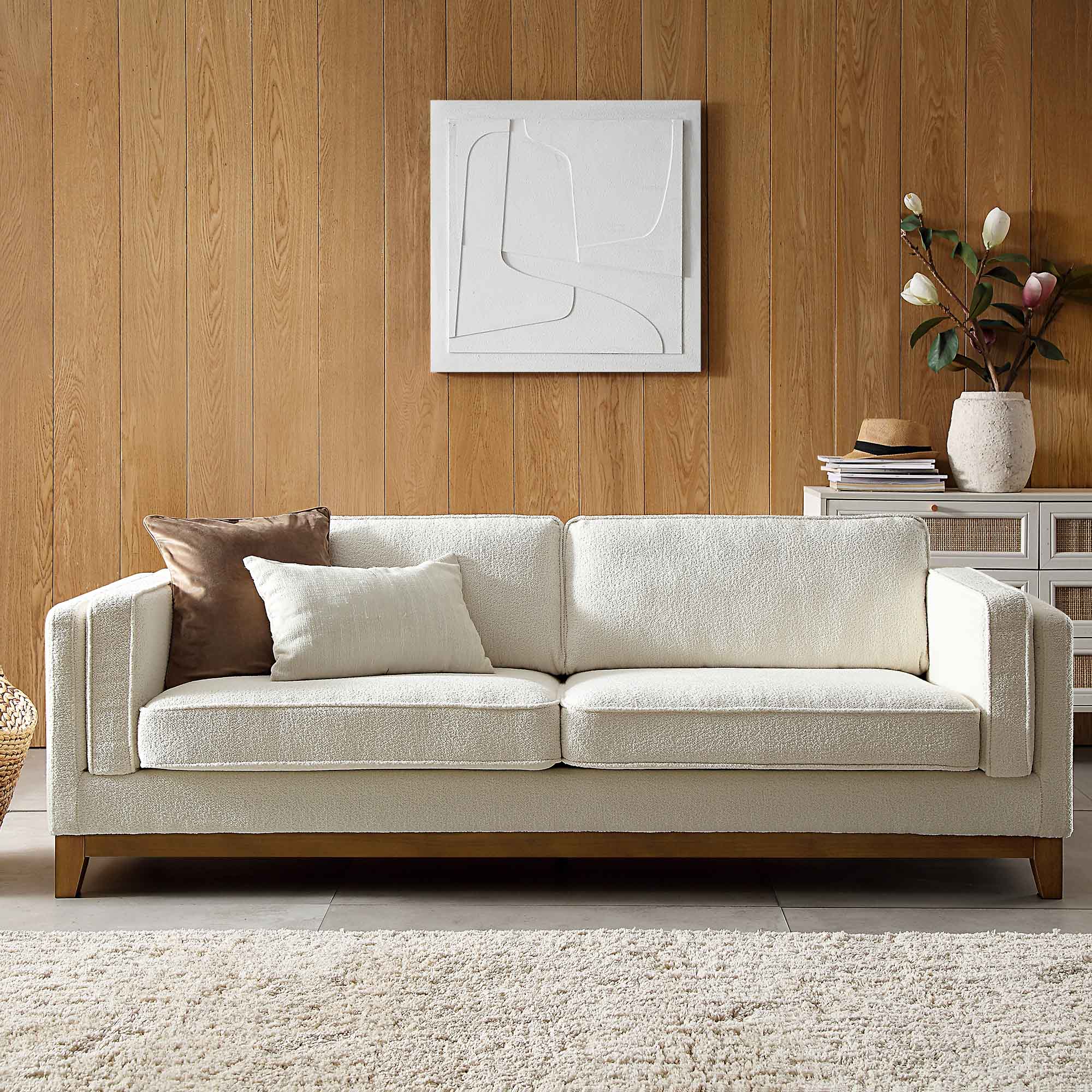 Dipley Beige Boucle Fabric Sofa, 3-Seater