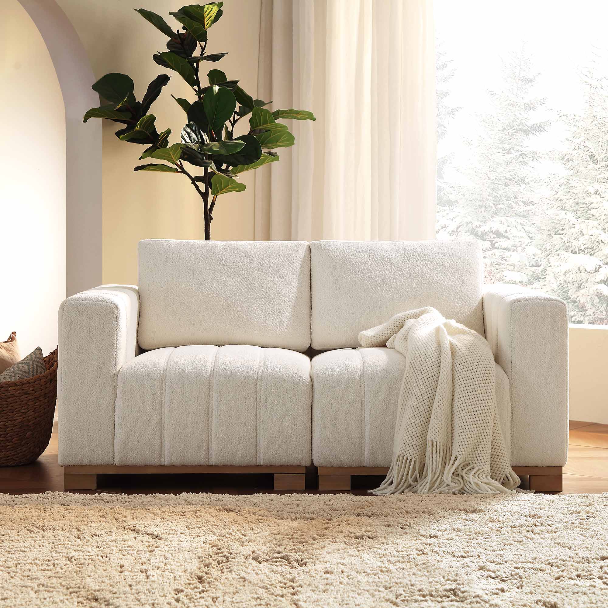 Belsize Beige Boucle Sofa with Wooden Base, 2-Seater