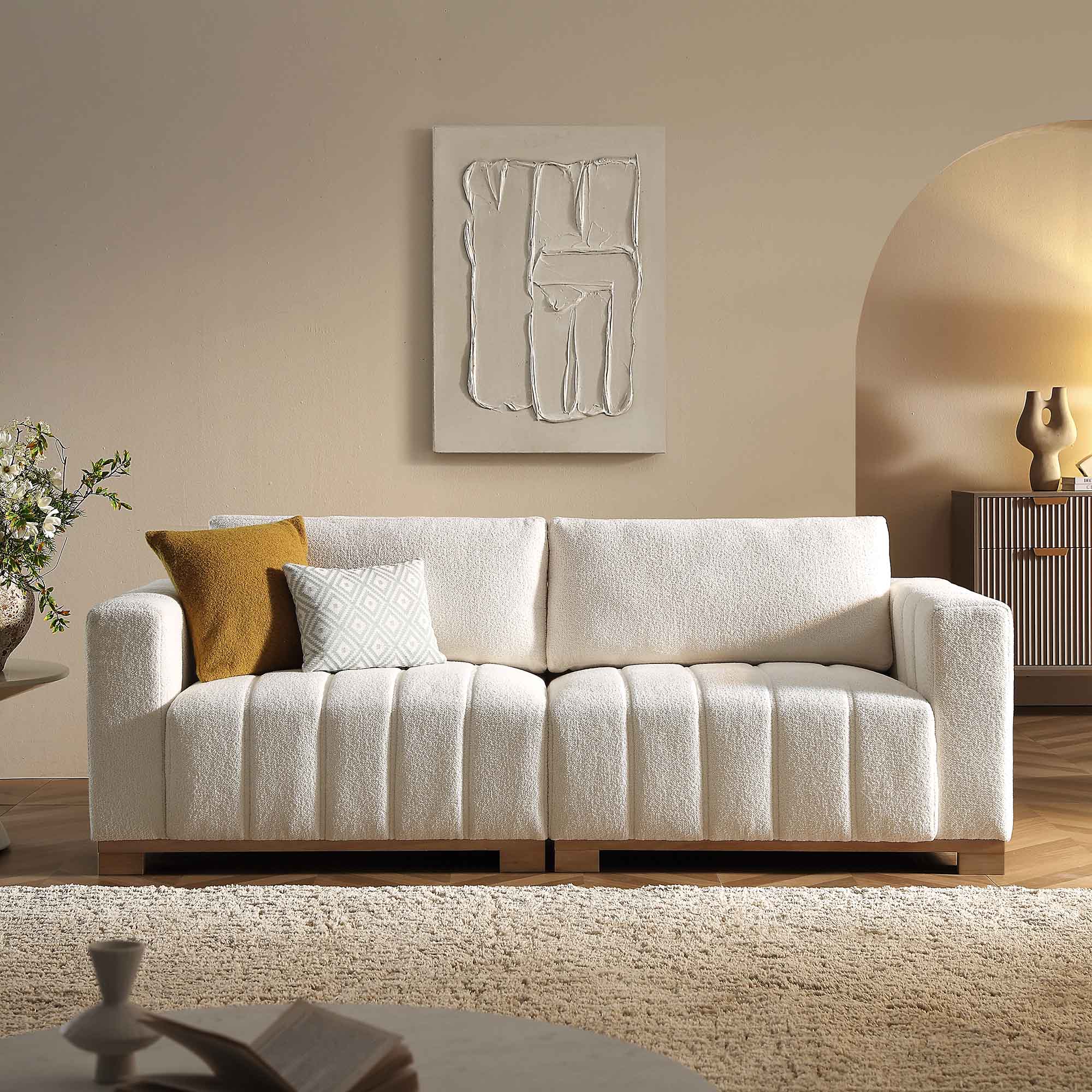 Belsize Beige Boucle Sofa with Wooden Base, 3-Seater