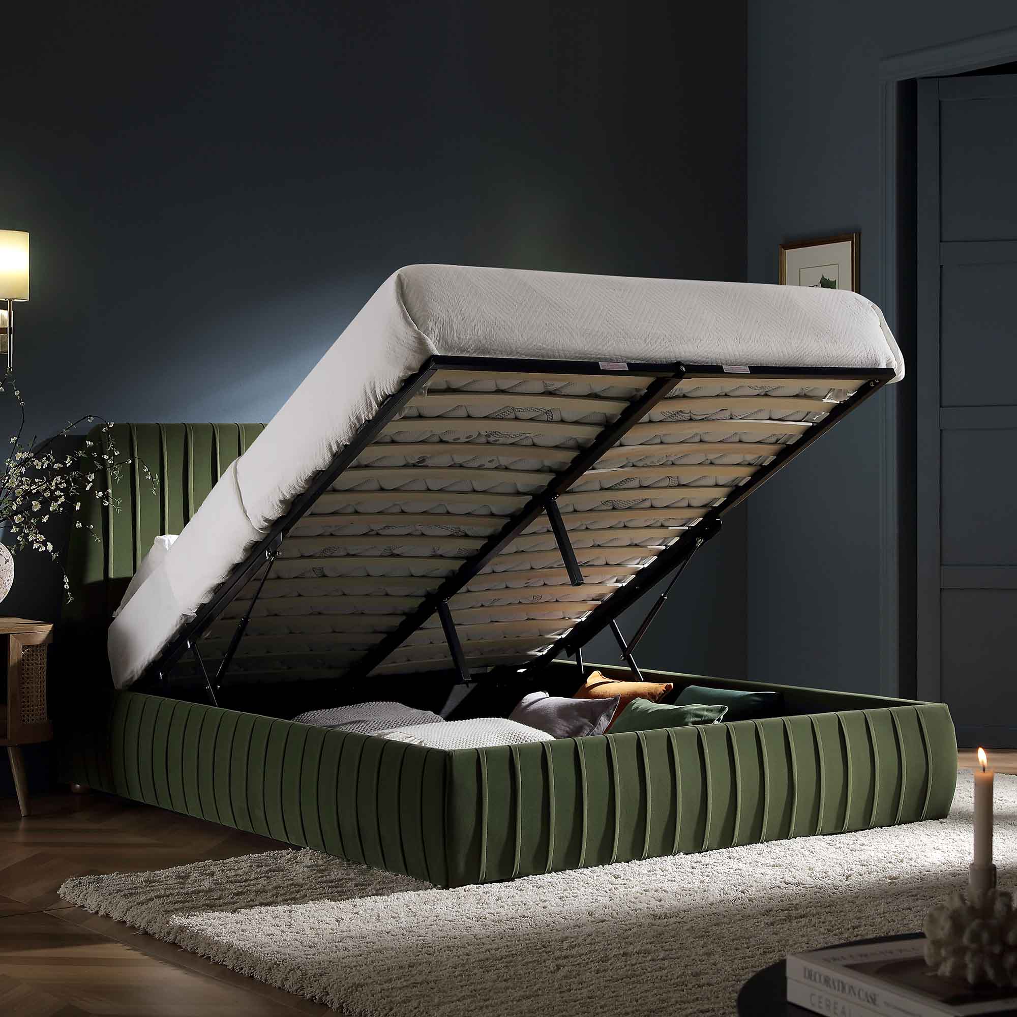 Helia Pleated Ottoman Storage Bed, Moss Green Velvet