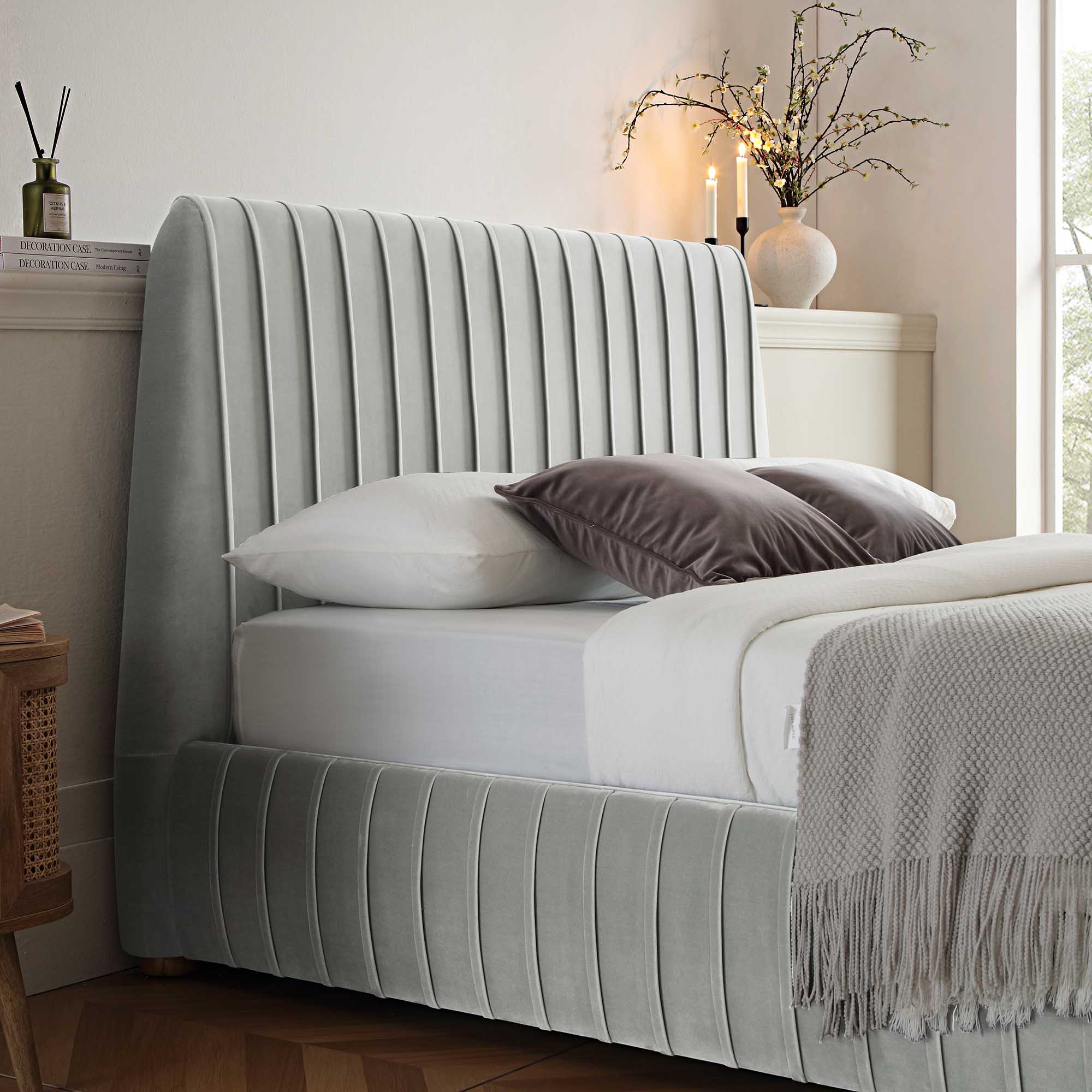 Helia Pleated Ottoman Storage Bed, Silver Grey Velvet