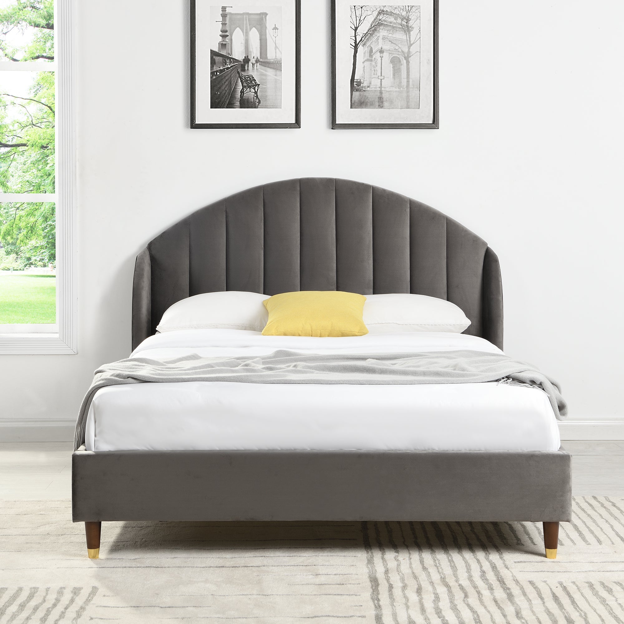 Eleanor Grey Velvet Upholstered Bed Frame with Domed Headboard