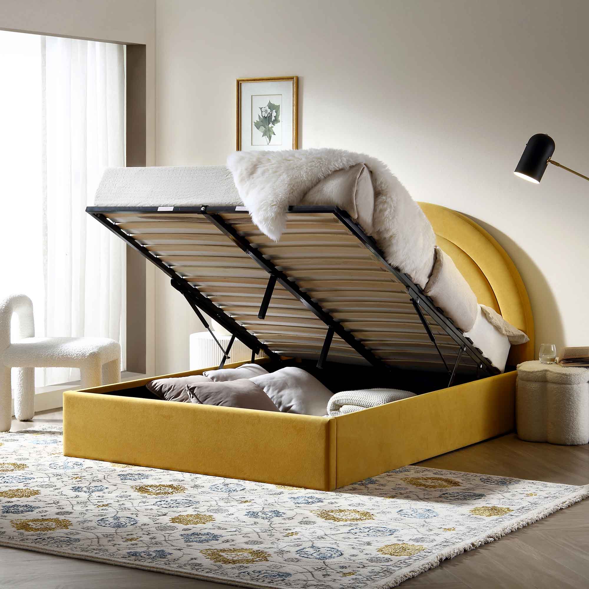 Archer Mustard Yellow Velvet Ottoman Storage Bed