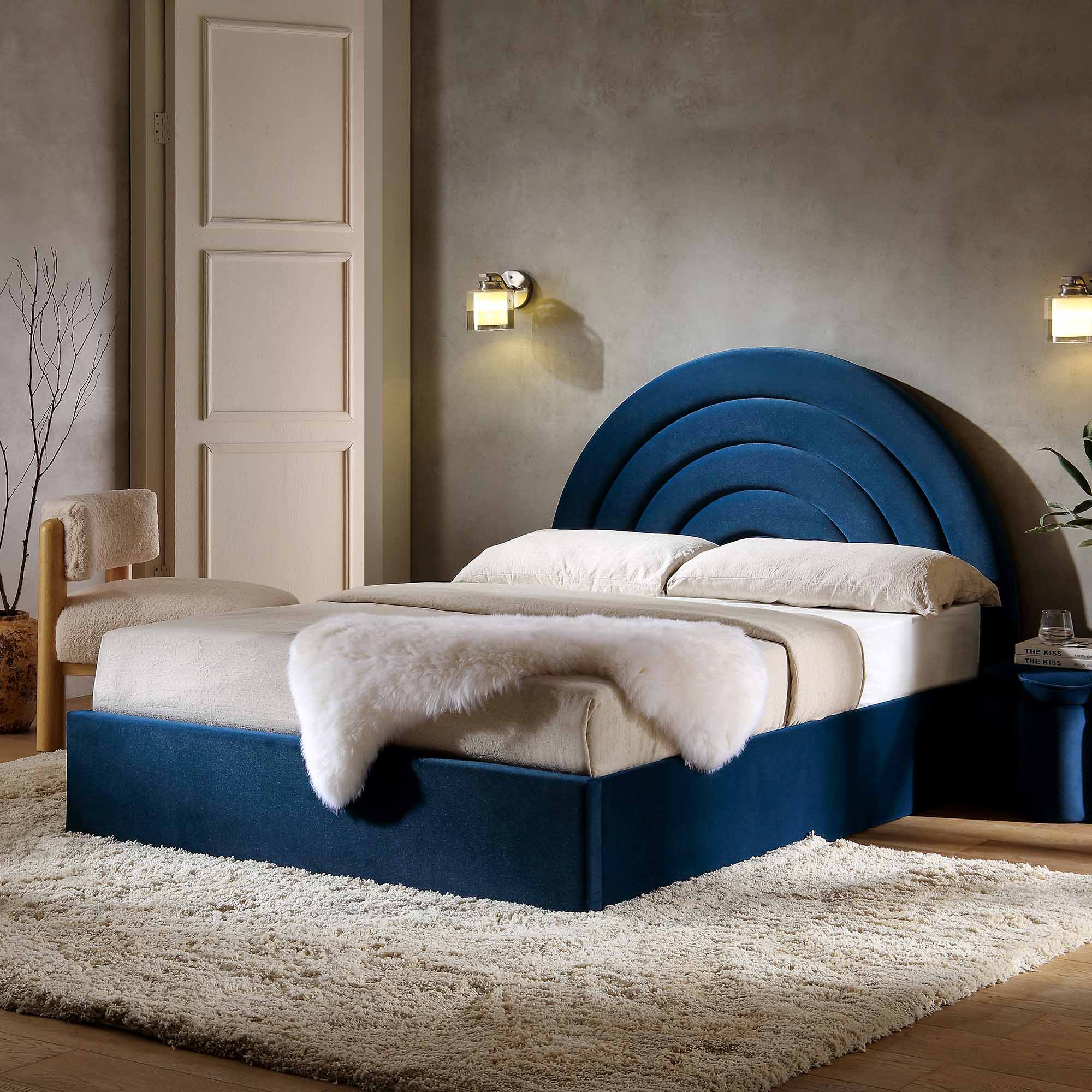 Archer Navy Blue Velvet Ottoman Storage Bed