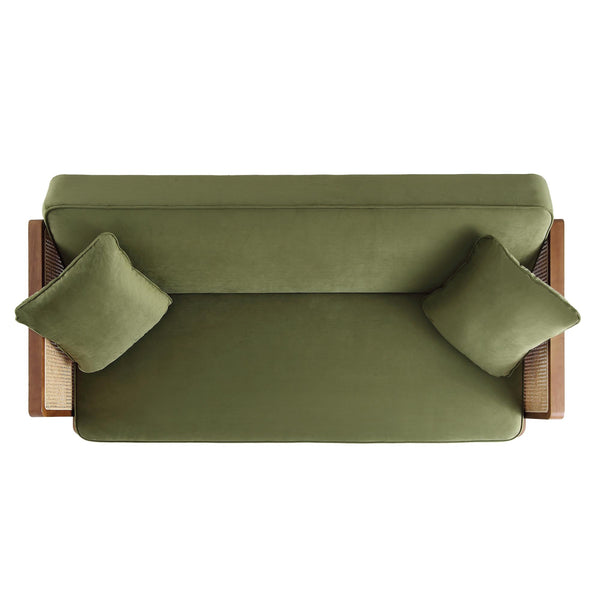 Pienza Solid Wood and Cane Sofa Bed, Moss Green Velvet with Walnut Frame