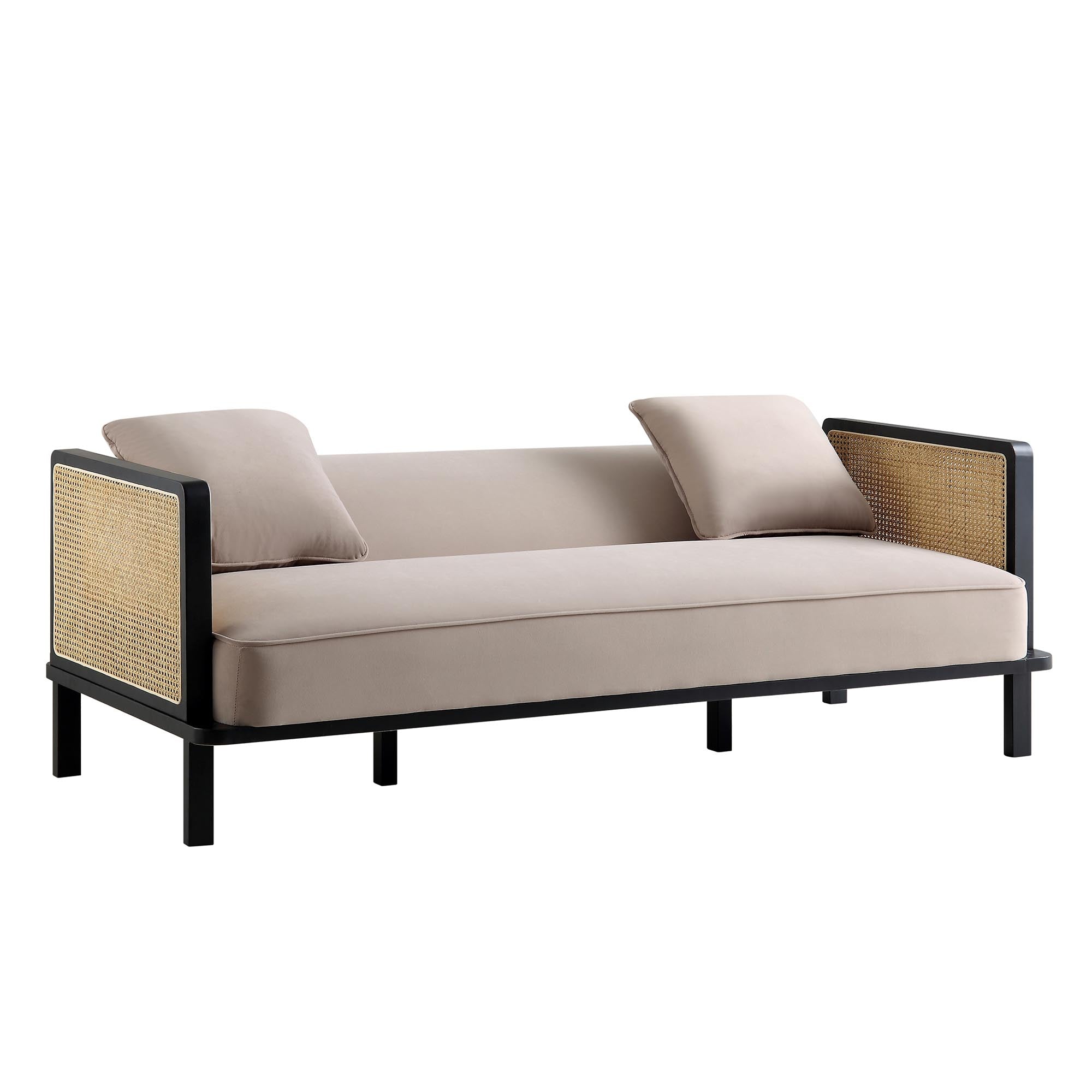 Pienza Solid Wood and Cane Sofa Bed, Taupe Velvet with Black Frame