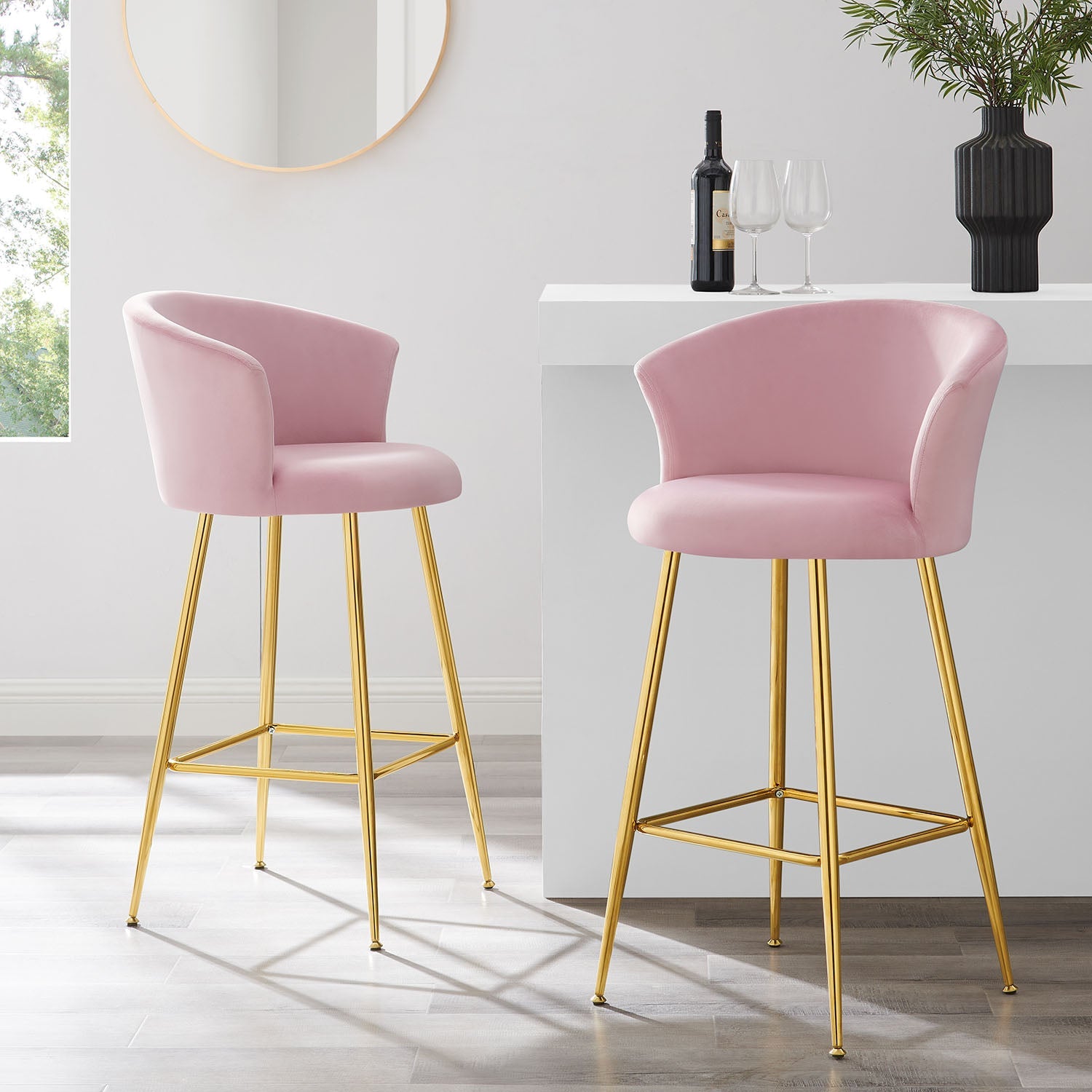 Kylie Set of 2 Pink Velvet Bar Stools