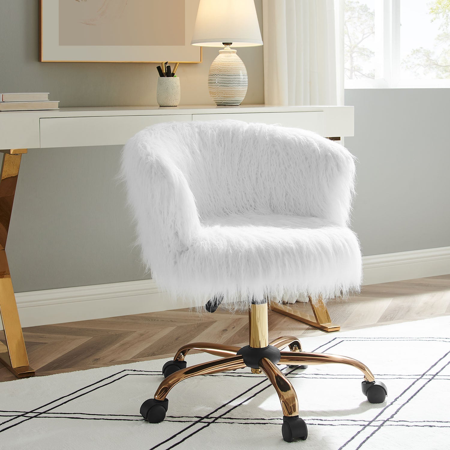 Kylie Plush Shaggy Faux Fur Swivel Chair, White