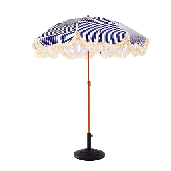 Gabriel Blue and White Striped Fringed Parasol with Tilt