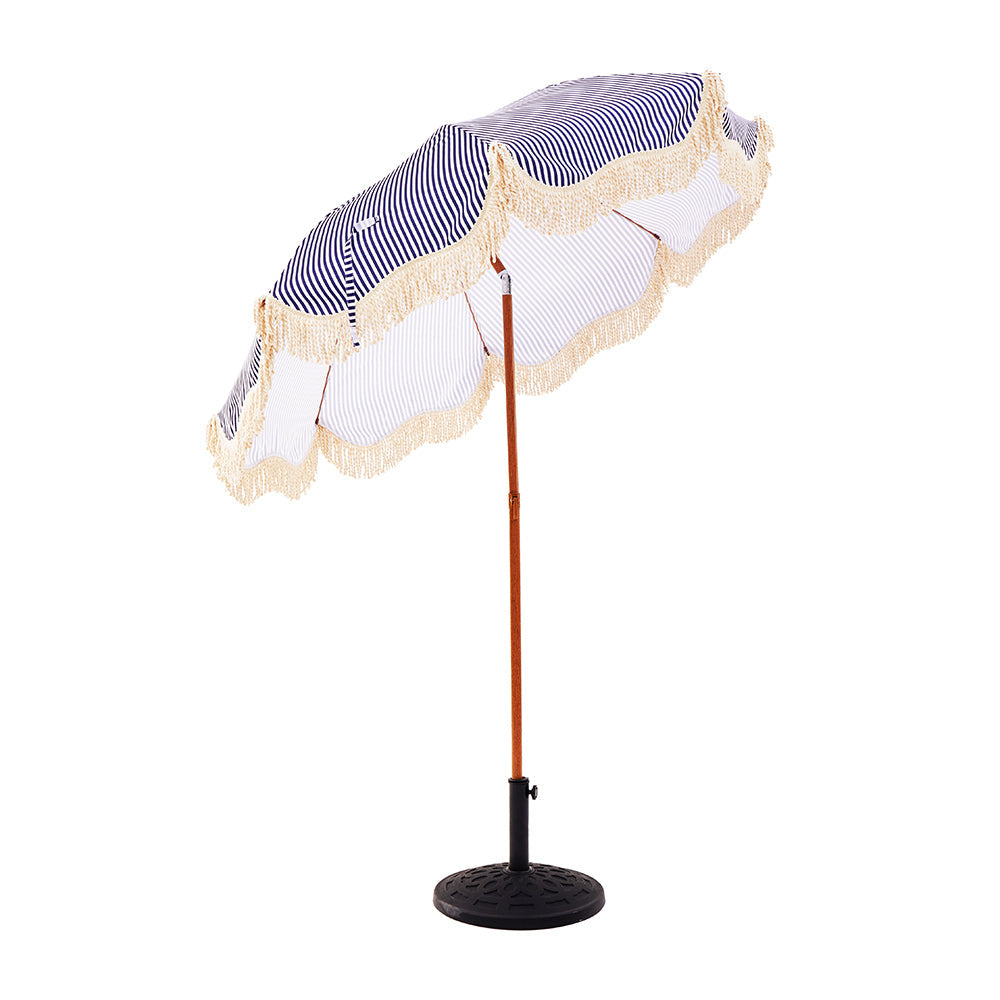 Gabriel Blue and White Striped Fringed Parasol with Tilt