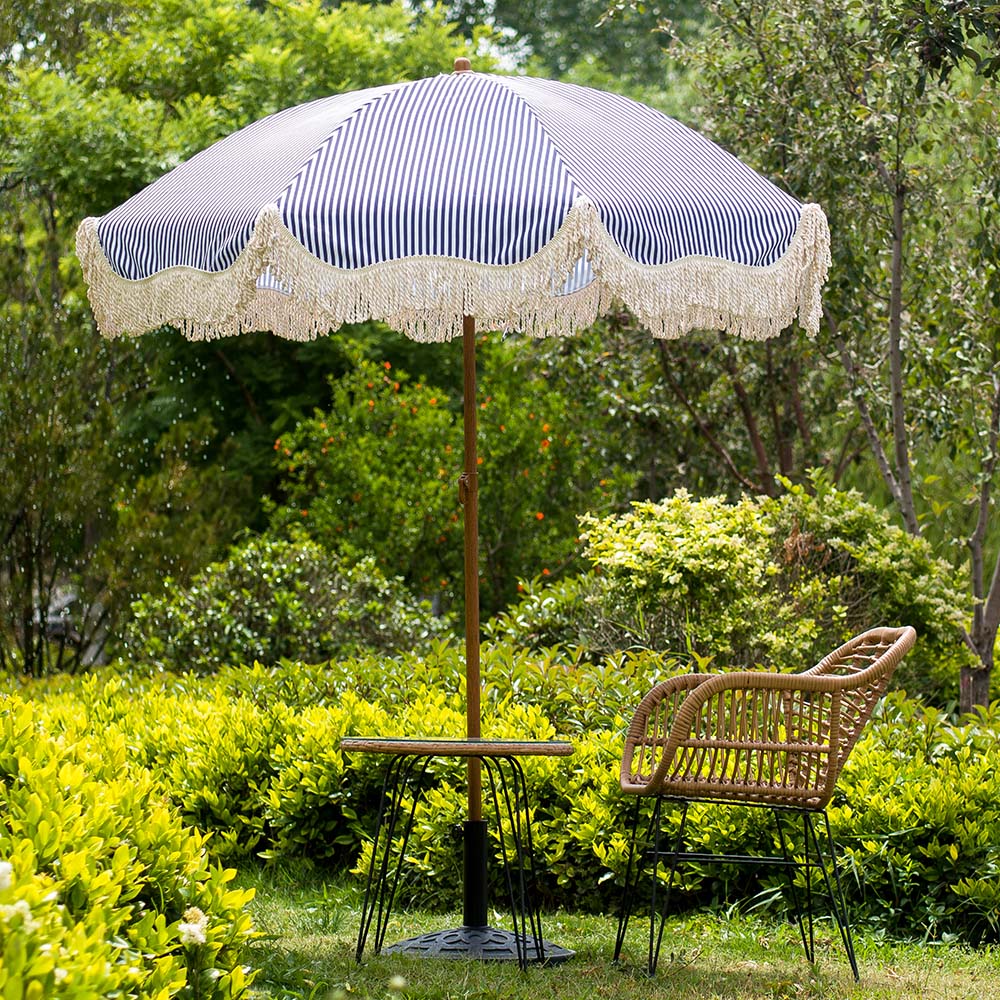 Gabriel Blue and White Striped Fringed Parasol with Tilt