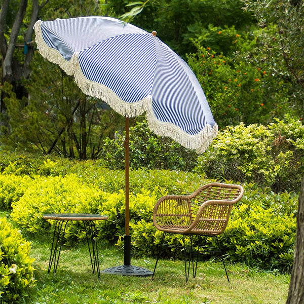 Gabriel Blue and White Striped Fringed Parasol with Tilt