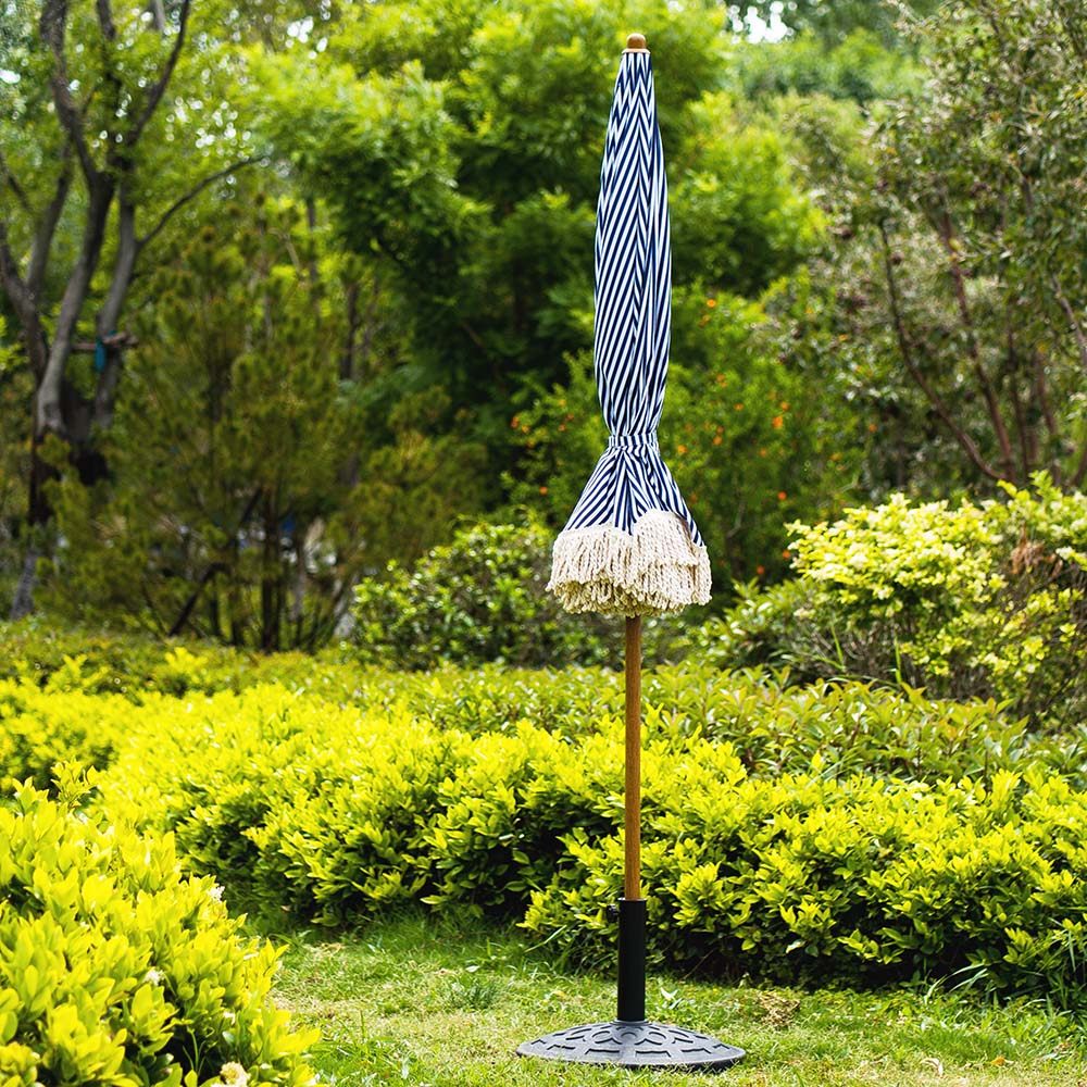 Gabriel Blue and White Striped Fringed Parasol with Tilt