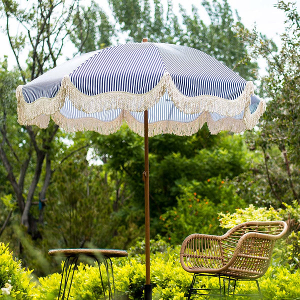 Gabriel Blue and White Striped Fringed Parasol with Tilt