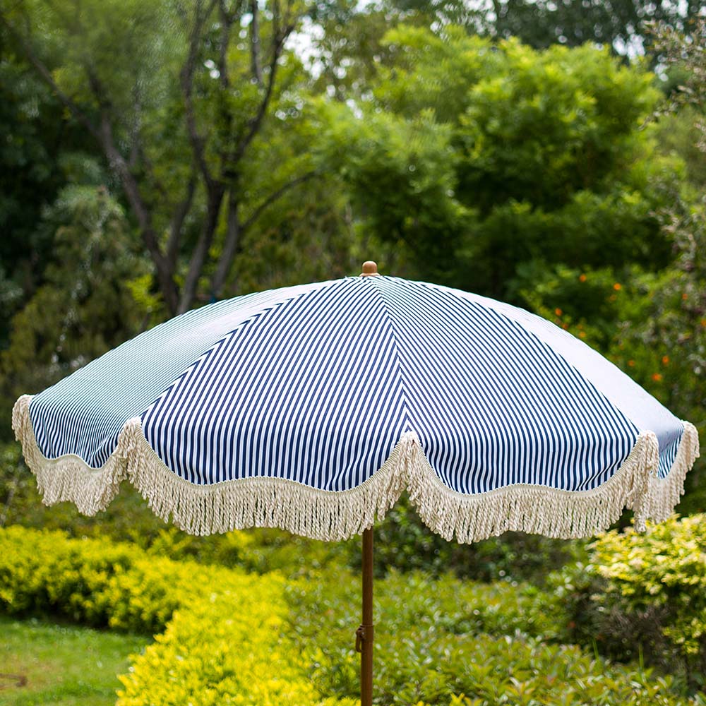 Gabriel Blue and White Striped Fringed Parasol with Tilt