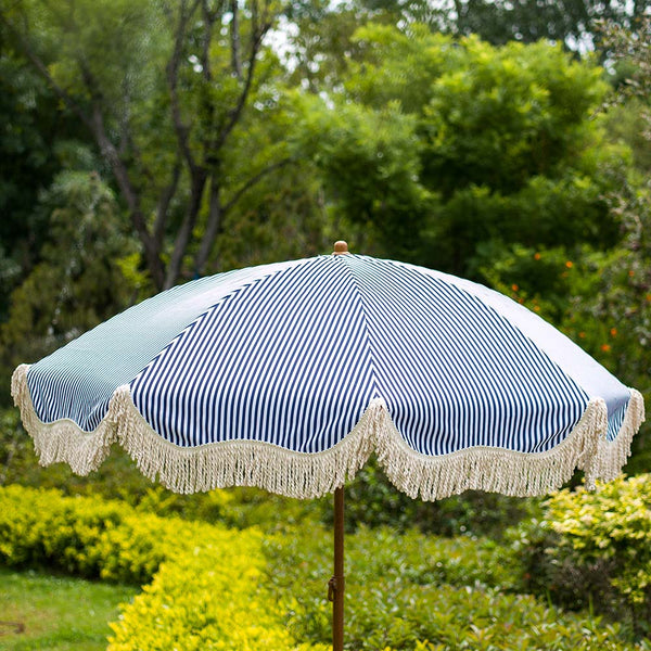 Gabriel Blue and White Striped Fringed Parasol with Tilt