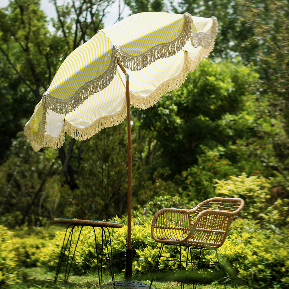 Gabriel Yellow and White Striped Fringed Parasol with Tilt