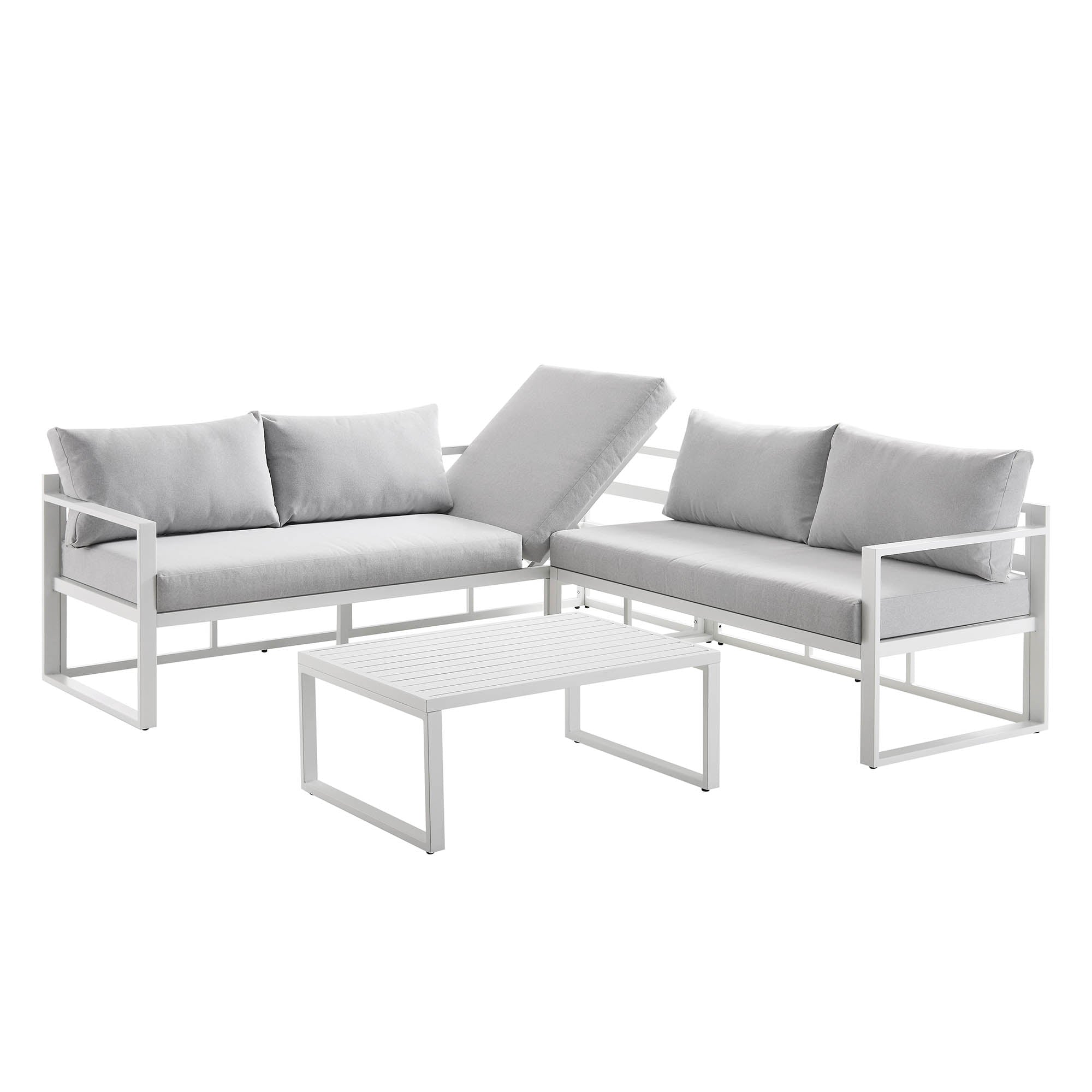 Albany Aluminium Corner Sofa Set with Reclining Back and Coffee Table, White