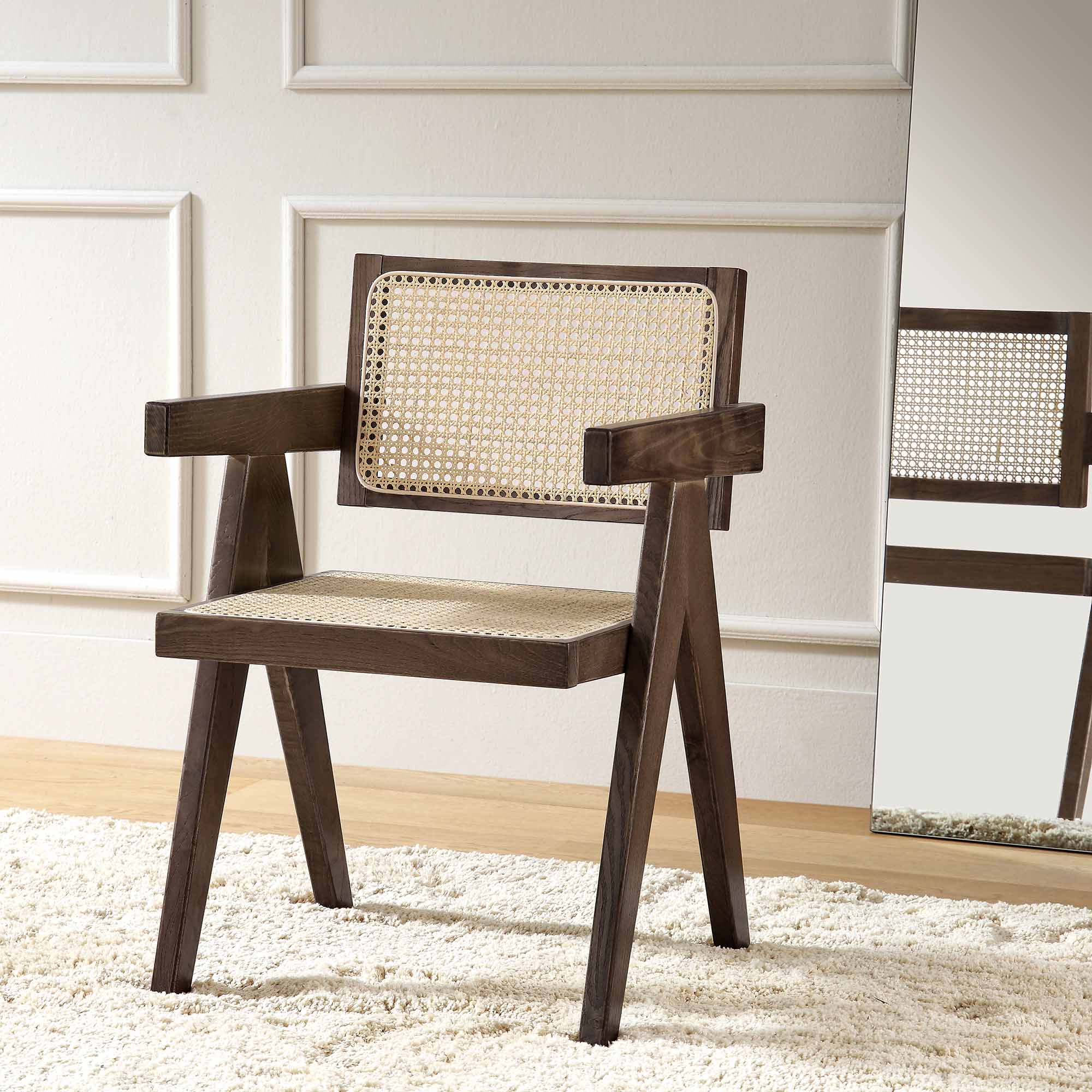 Jeanne Dark Walnut Cane Rattan Solid Beech Wood Dining Chair