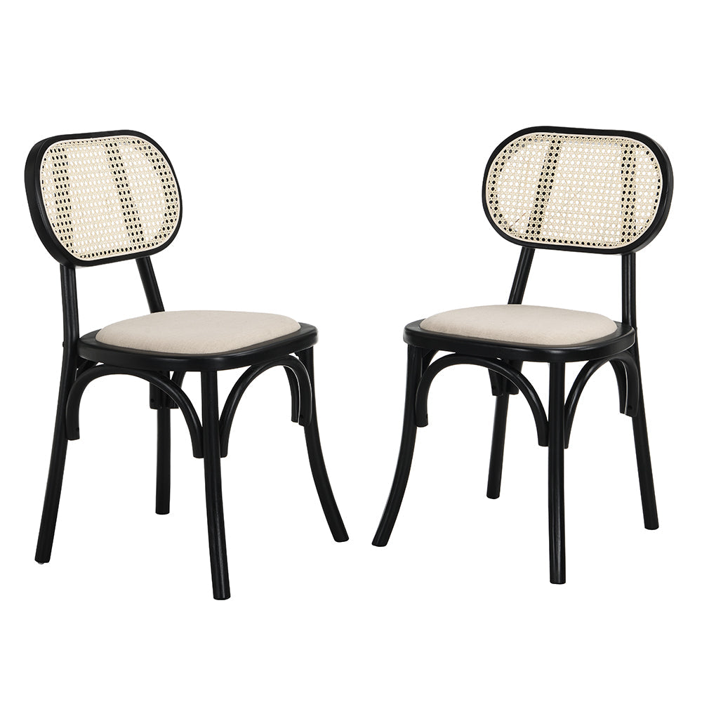 Anya Set of 2 Cane Rattan and Upholstered Dining Chairs in Black