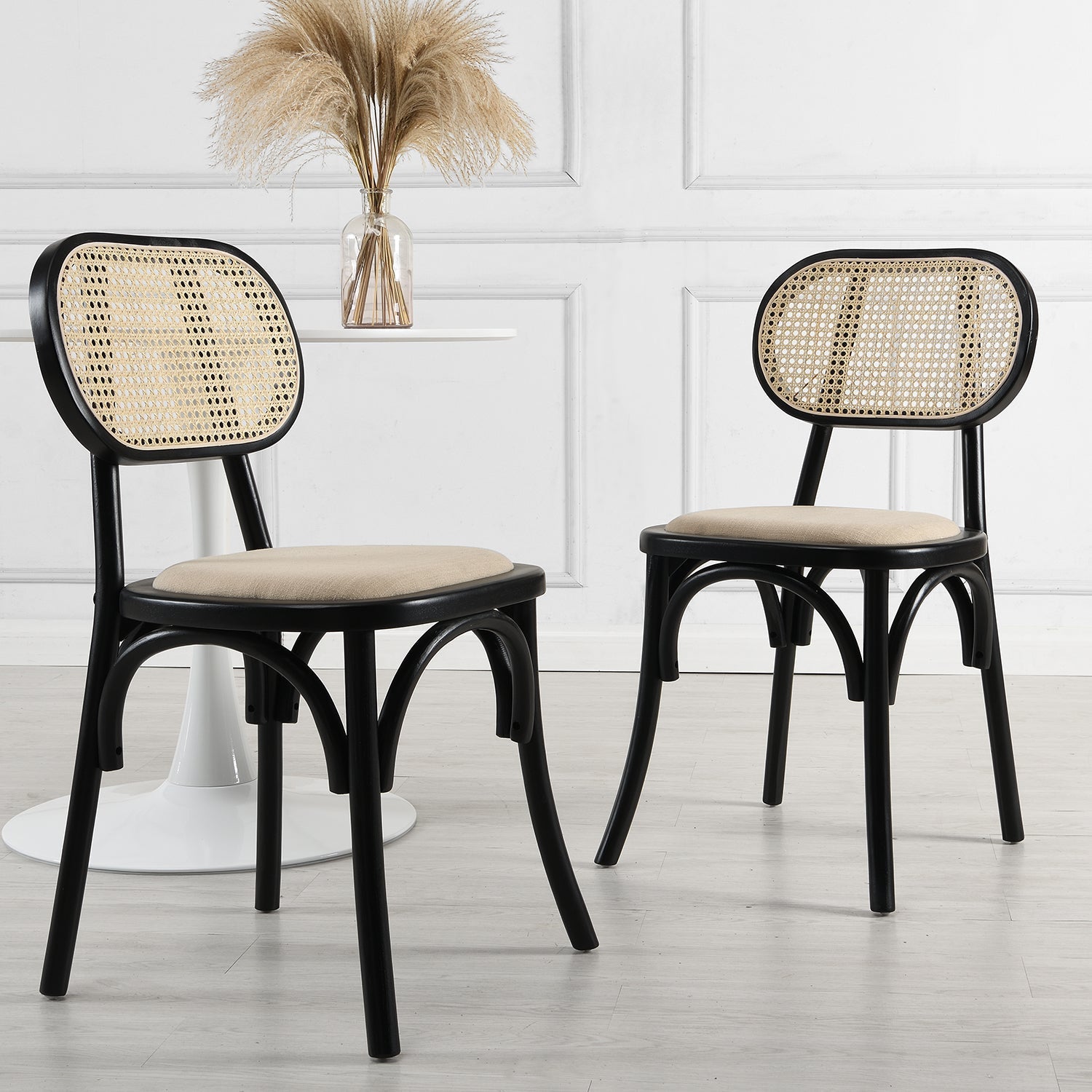 Anya Set of 2 Cane Rattan and Upholstered Dining Chairs in Black