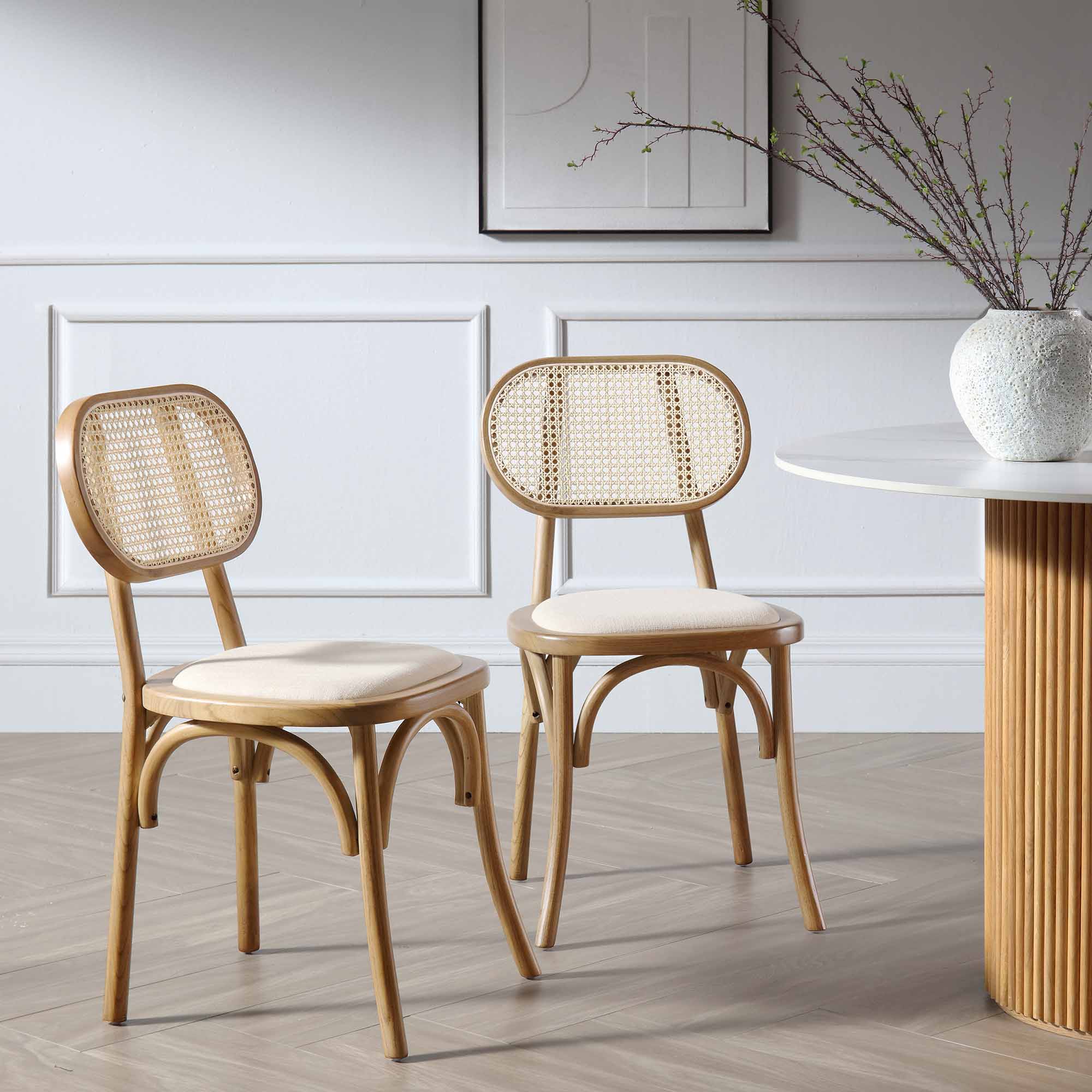 Anya Set of 2 Cane Rattan and Upholstered Dining Chairs, Light Walnut