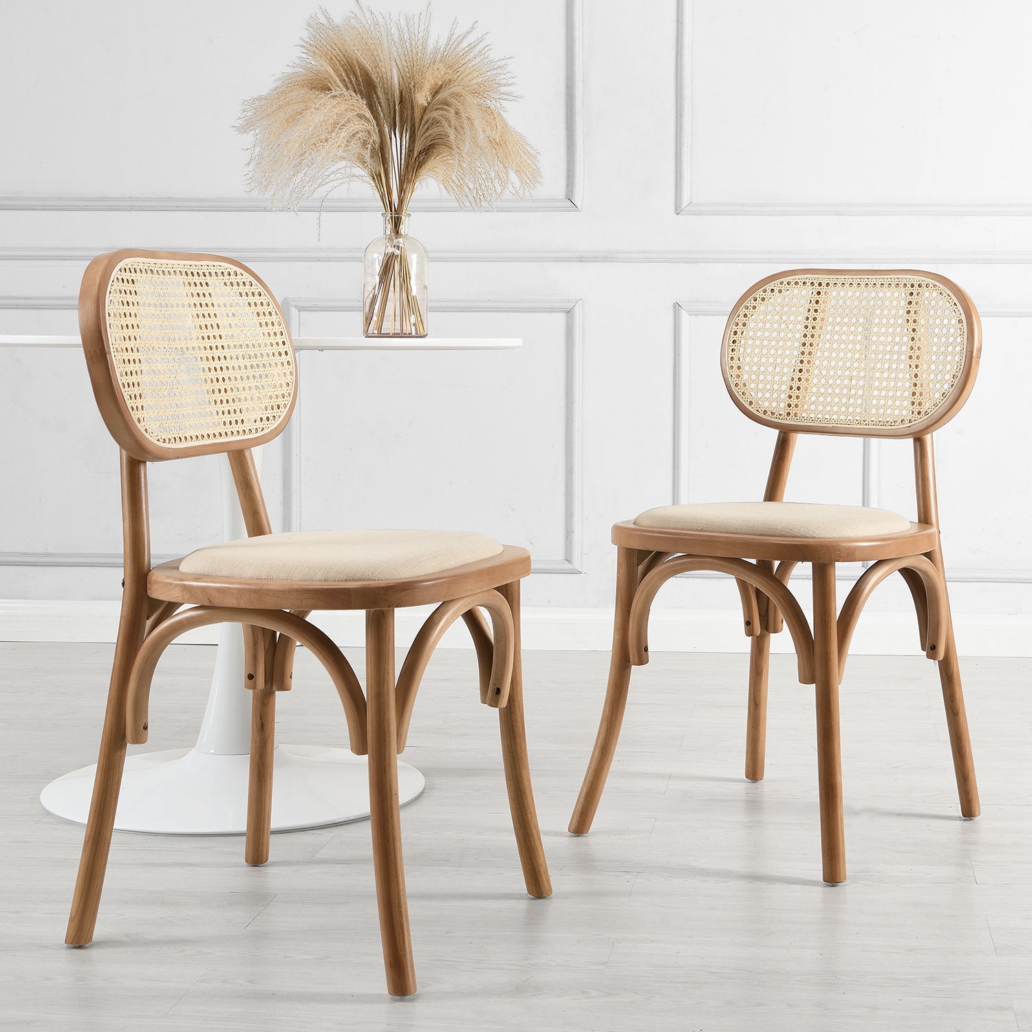 Anya Set of 2 Cane Rattan and Upholstered Dining Chairs in Natural