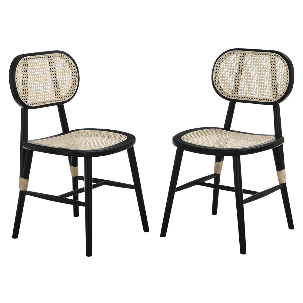 Anya+ Set of 2 Cane Rattan and Upholstered Dining Chairs, Black