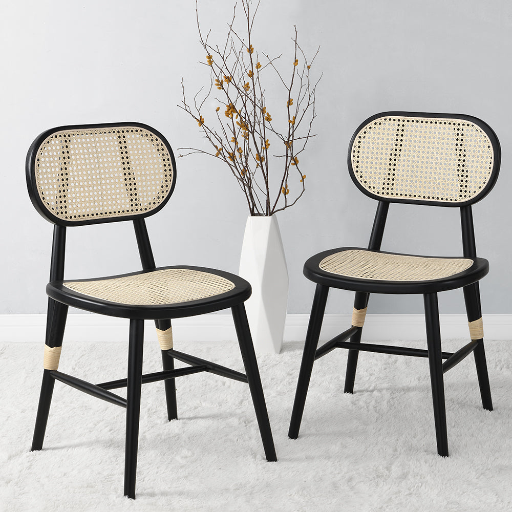 Anya+ Set of 2 Cane Rattan and Upholstered Dining Chairs, Black