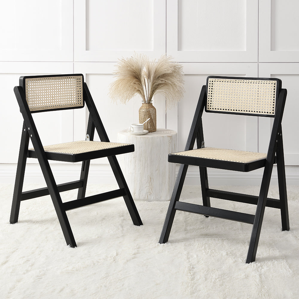 Frances Set of 2 Folding Cane Rattan Chairs in Black